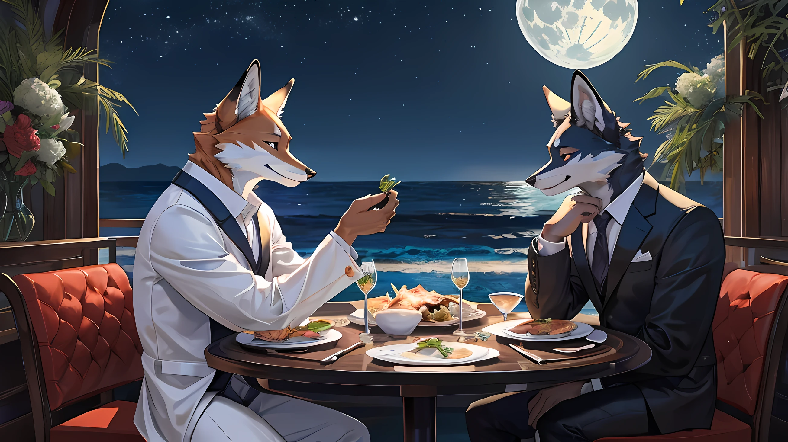 furry,(Two male jellyfish eating dinner by the sea.)foxตัวแรก,completely black fur,ดวงตาfoxตัวแรกสีแดงนีออน(Realistic eye detail),Wear a white suit to look neat..,foxตัวที่สอง'Its fur is completely white..,fox'Eyes glowing with neon light.(Realistic eye detail),Wearing a completely black suit,Both smile and eat happily.,Send each other eyes of love.,The moonlight at night is very beautiful..,perfect anatomy,Realistic anatomy