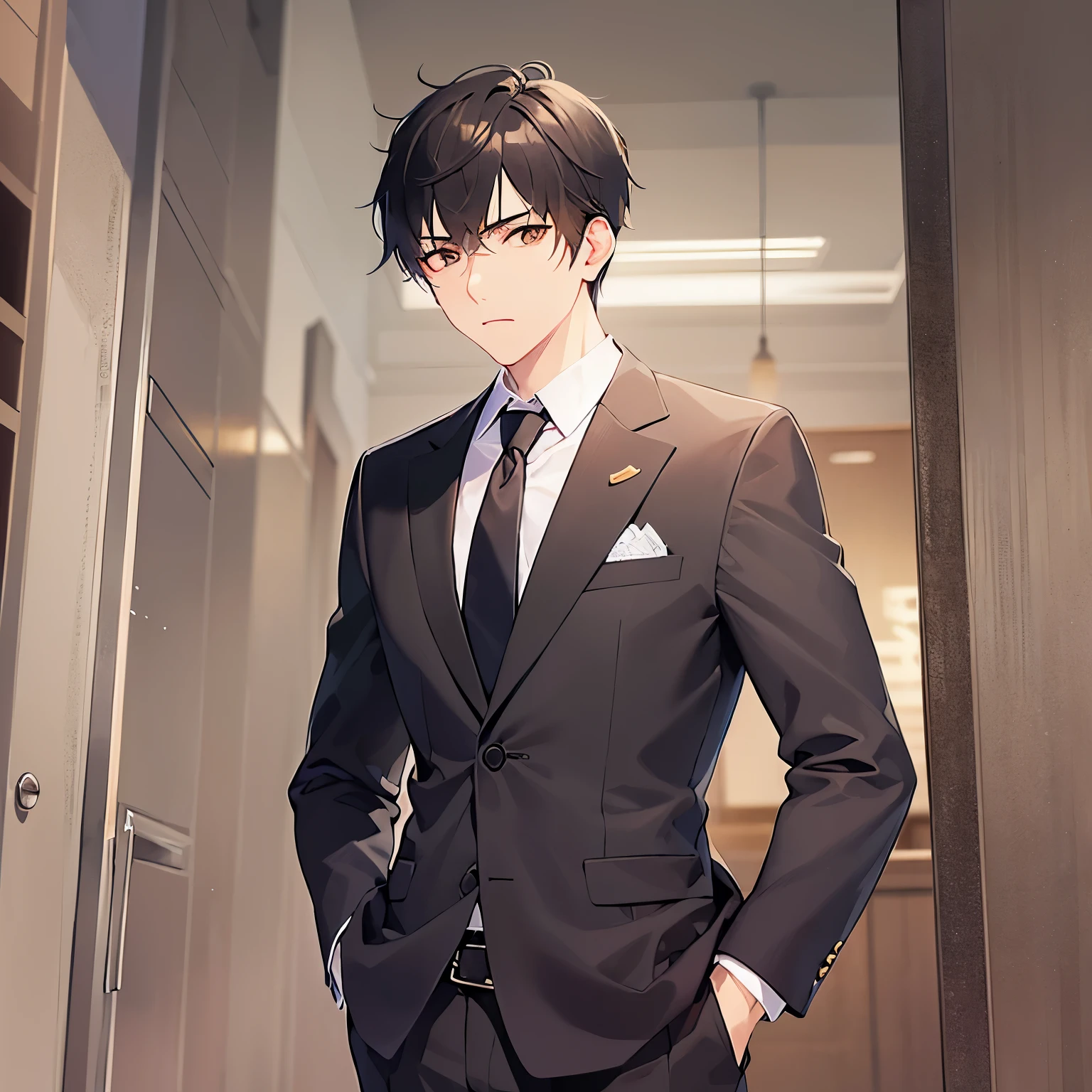 A 25-year-old young man with short black hair and orange eyes, wearing a gray suit and blue tie, is having trouble in the office.、He is photographed from the side and is looking away from the camera.