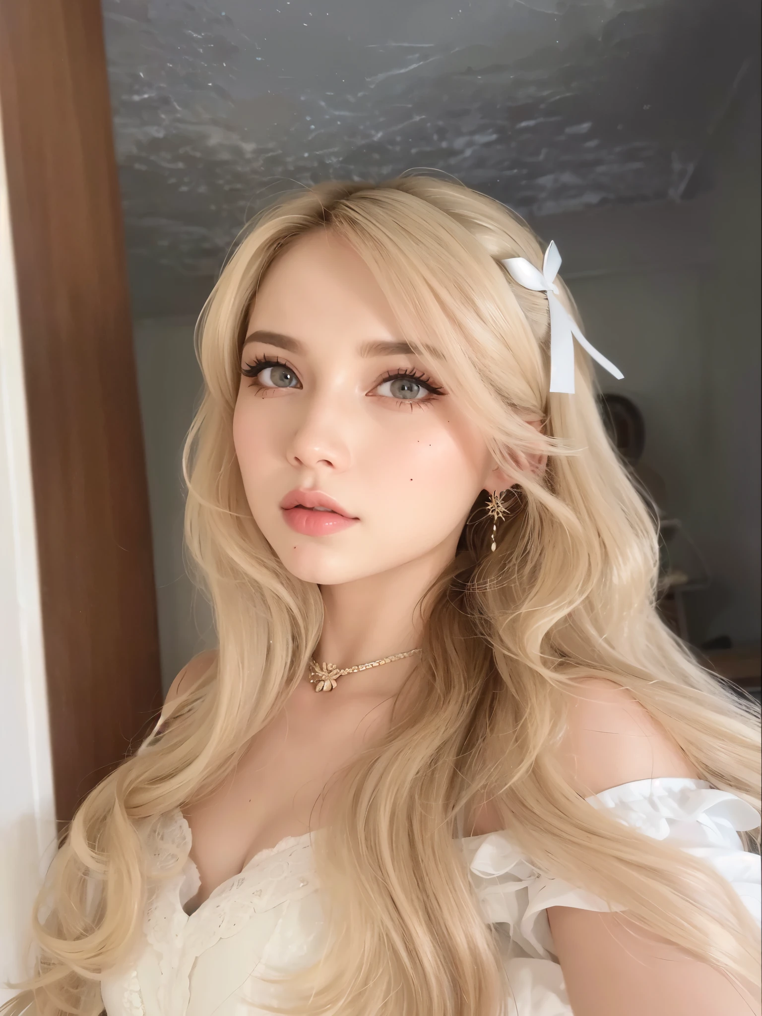 um close up de uma mulher com longos cabelos loiros usando um vestido branco, long cabelo loiro e olhos grandes, longos cabelos loiros e olhos grandes, cabelo loiro e olhos grandes, uma garota com cabelo loiro, pele clara cabelo loiro cacheado, deusa loira, ava max, com longos cabelos loiros, linda garota loira, uma loira linda, coquette, lacing 