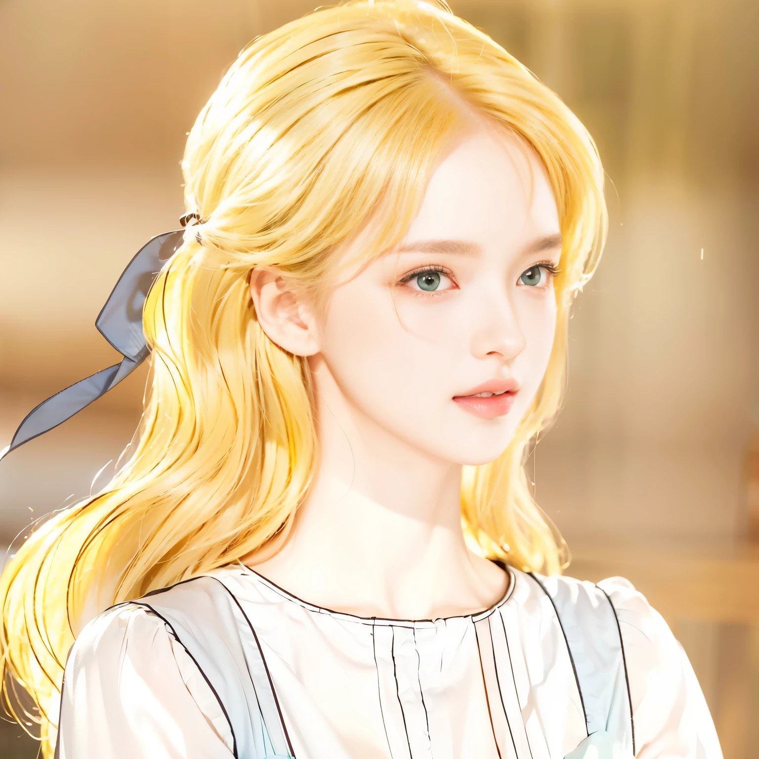 Best quality, masterpiece, ultra high res, (photorealistic:1.4), beautiful young girl, , cinematic lighting, yellow hair, green eyes , cute face