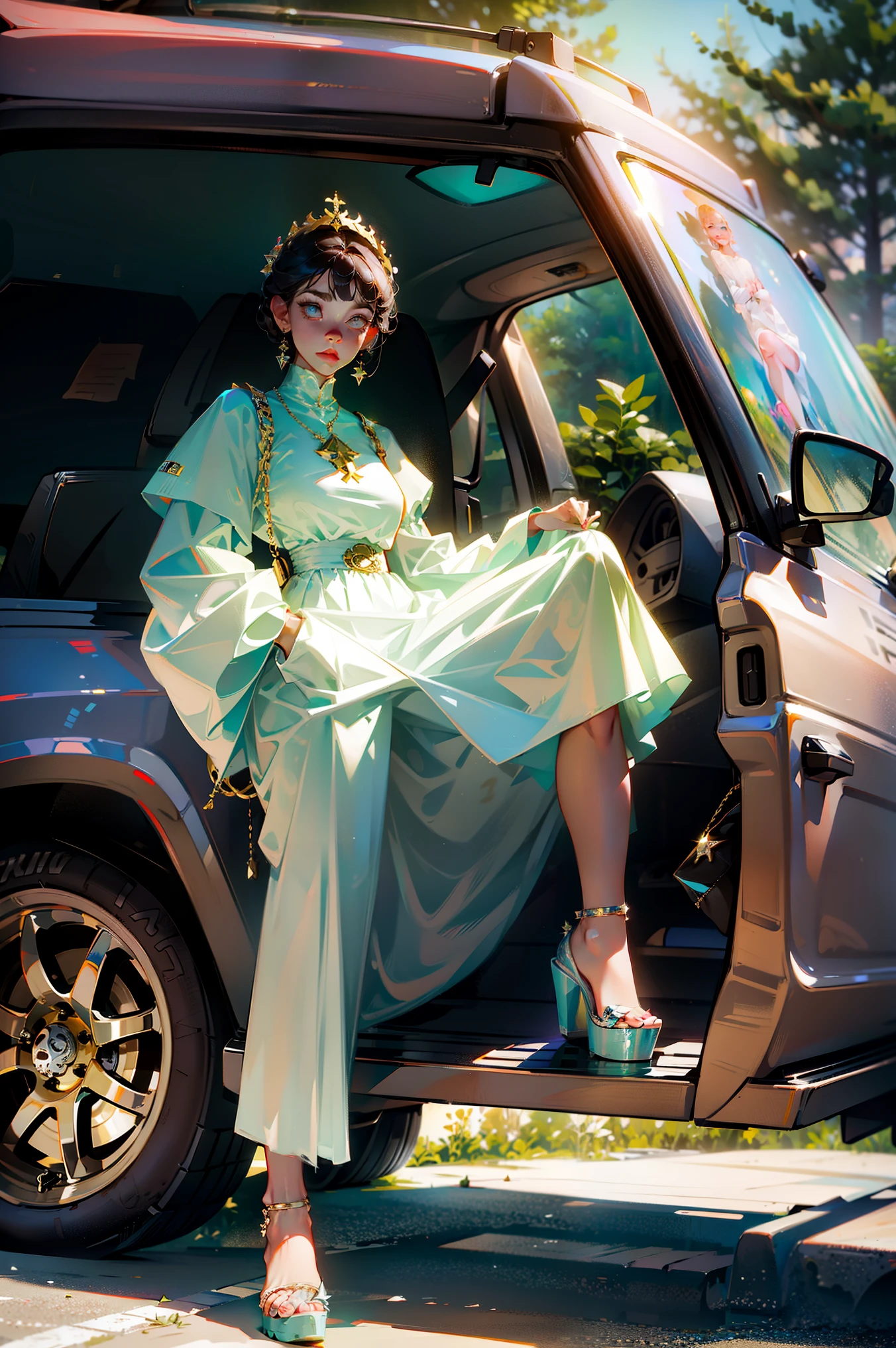 A beautiful female CEO in a skull cave,A little obese,Platinum round toe platform shoes,Behind is a luxury off-road vehicle,navel-baring outfit,cross legs,A car door is open, She is holding a leather bag,Wear leather shorts, A modern gold luxury headpiece. Have bangs,Double tail. This is a spectacular full body image,Small upward tilt angle,fat leg,fat ass,many details