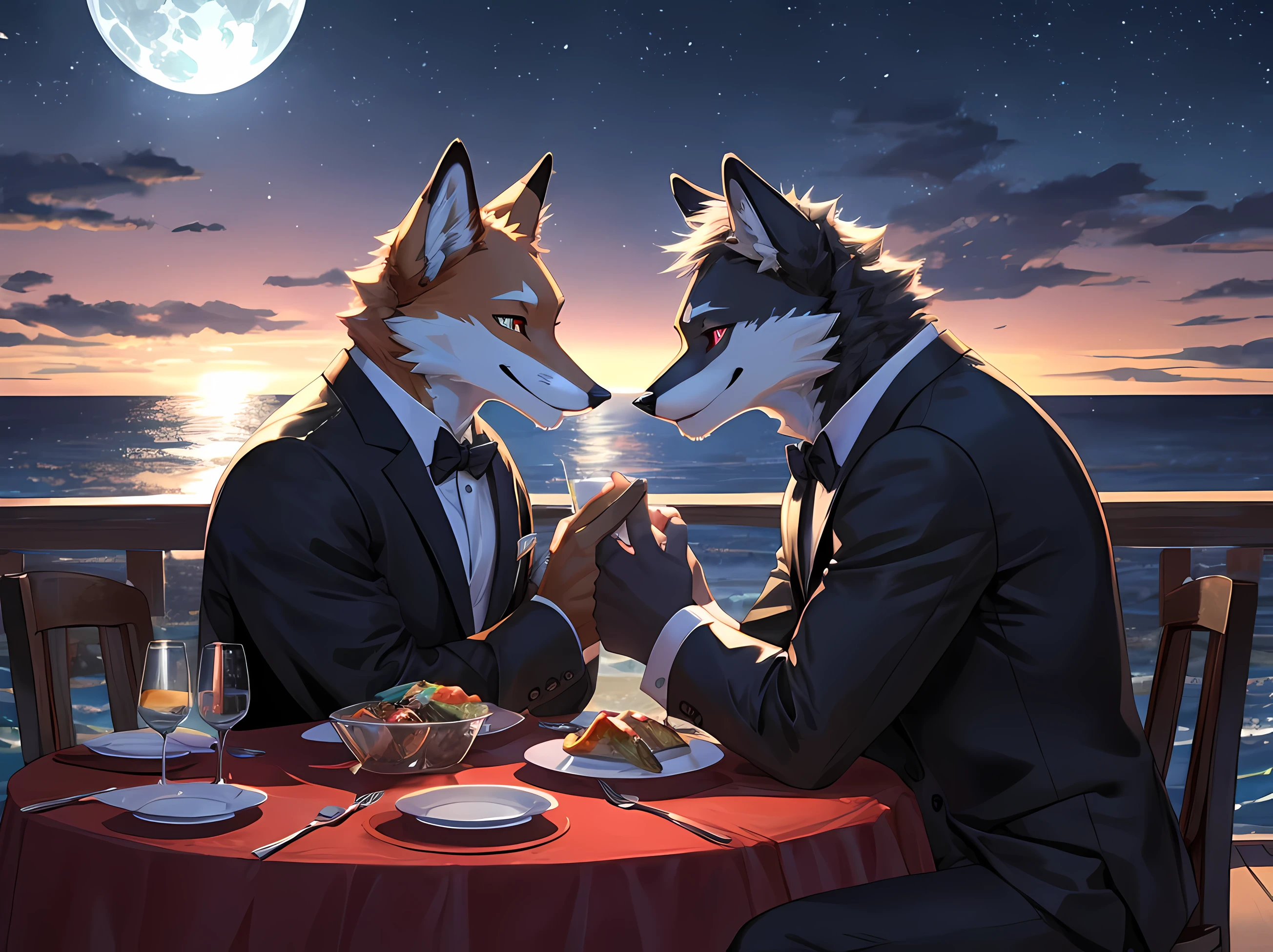furry,(Two male jellyfish eating dinner by the sea.)The first fox,completely black fur,neon red eyes(Realistic eye detail),Wear a white suit to look neat..,Second fox&#39;Its fur is completely white..,neon yellow eyes(Realistic eye detail),Wearing a completely black suit,Both smile and eat happily.,Send each other eyes of love.,The moonlight at night is very beautiful..,perfect anatomy,Realistic anatomy