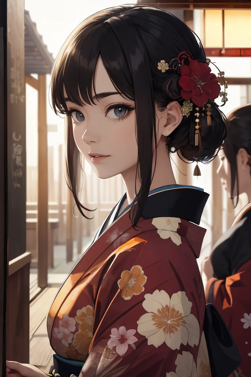 ((highest quality)), ((masterpiece)), (be familiar with), perfect face,,Beauty,fantasy,Japan,古都の背景の中にいるBeauty,kimono,Front right