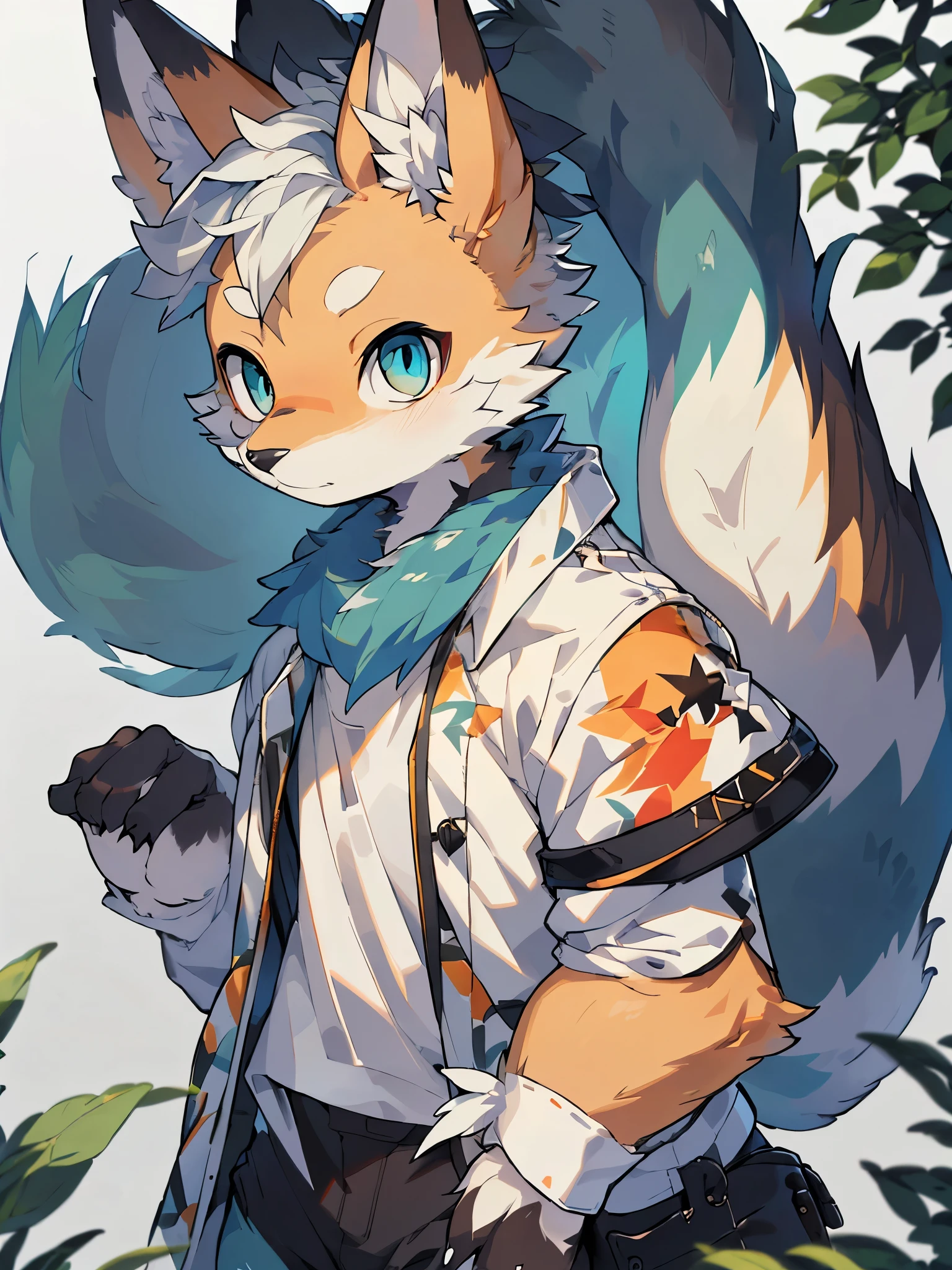 A furry fox with blue eyes, wearing clothes, and blue fur. (best quality,4k,8k,highres,masterpiece:1.2), ultra-detailed, realistic:1.37, vibrant colors, fine details, professional, portrait, illustration, bokeh, studio lighting