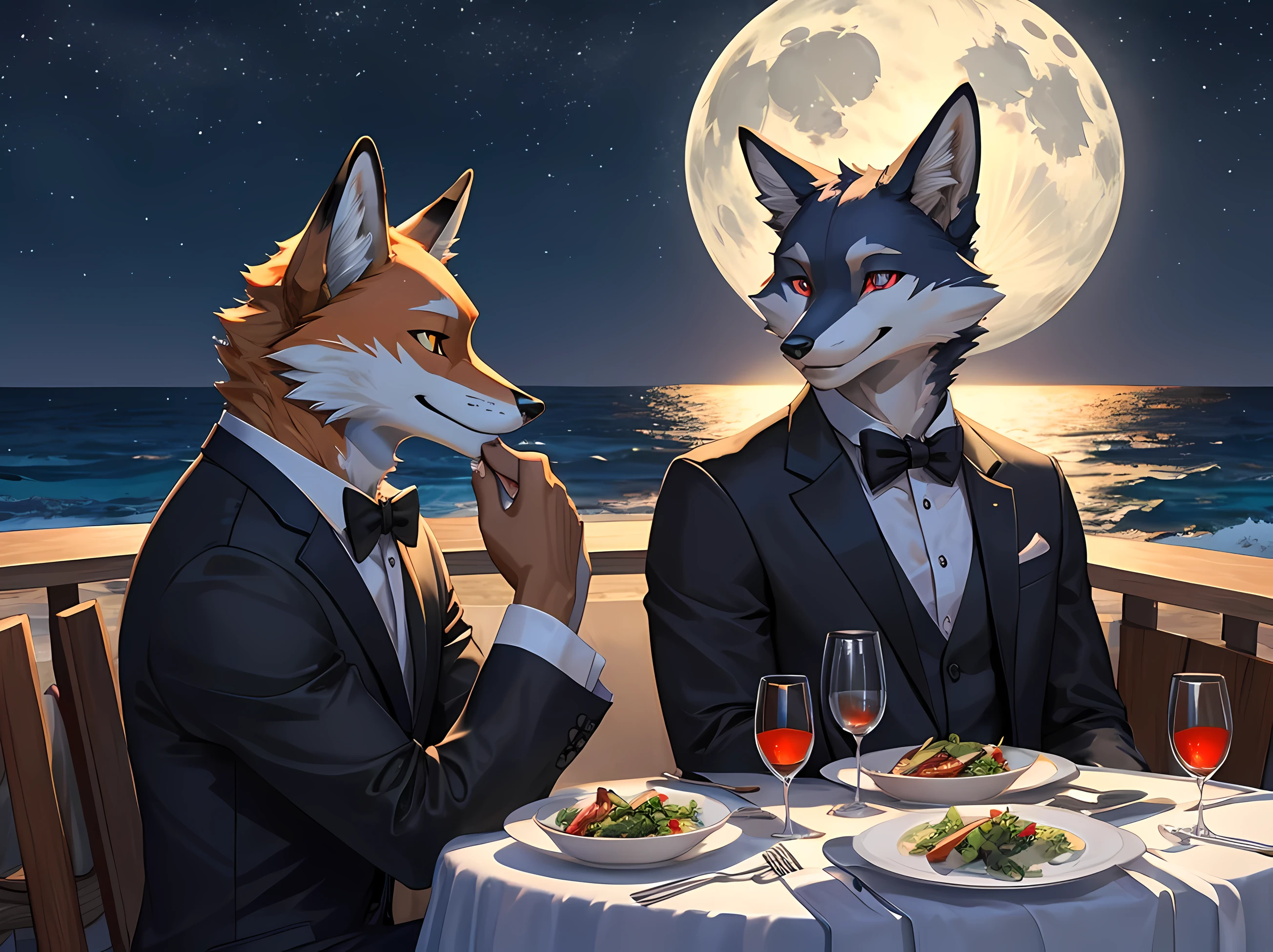 furry,(Two male foxes are eating dinner by the sea..)The first fox,completely black fur,neon red eyes(Realistic eye detail),Wear a white suit to look neat..,Second fox&#39;Its fur is completely white..,neon yellow eyes(Realistic eye detail),Wearing a completely black suit,Both smile and eat happily.,Send each other eyes of love.,The moonlight at night is very beautiful..,perfect anatomy,Realistic anatomy,<3