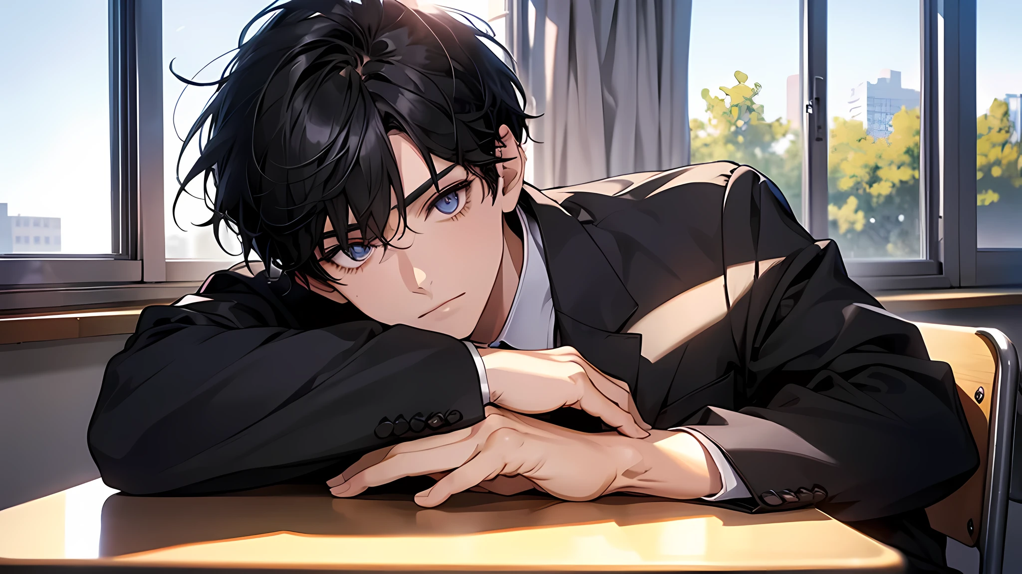 boy in high school, school uniform, sitting on a desk in the classroom, sun shining thrught the window, short black hair, detailed face, detailed eyes, detailed nose