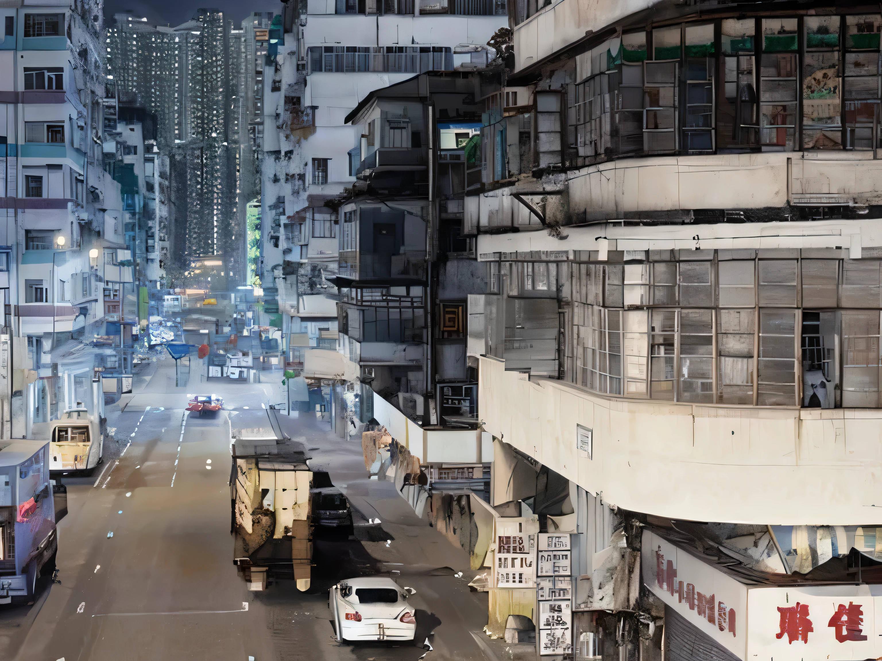 there are many cars driving down the street in the city, a still of kowloon, kowloon walled city style, kowloon cyberpunk, kowloon, streets of hong kong, inspired by Thomas Struth, kowloon walled city, artwork of a hong kong street, city like hong kong, street of hong kong, kowloon cyberpunk cityscape, in hong kong