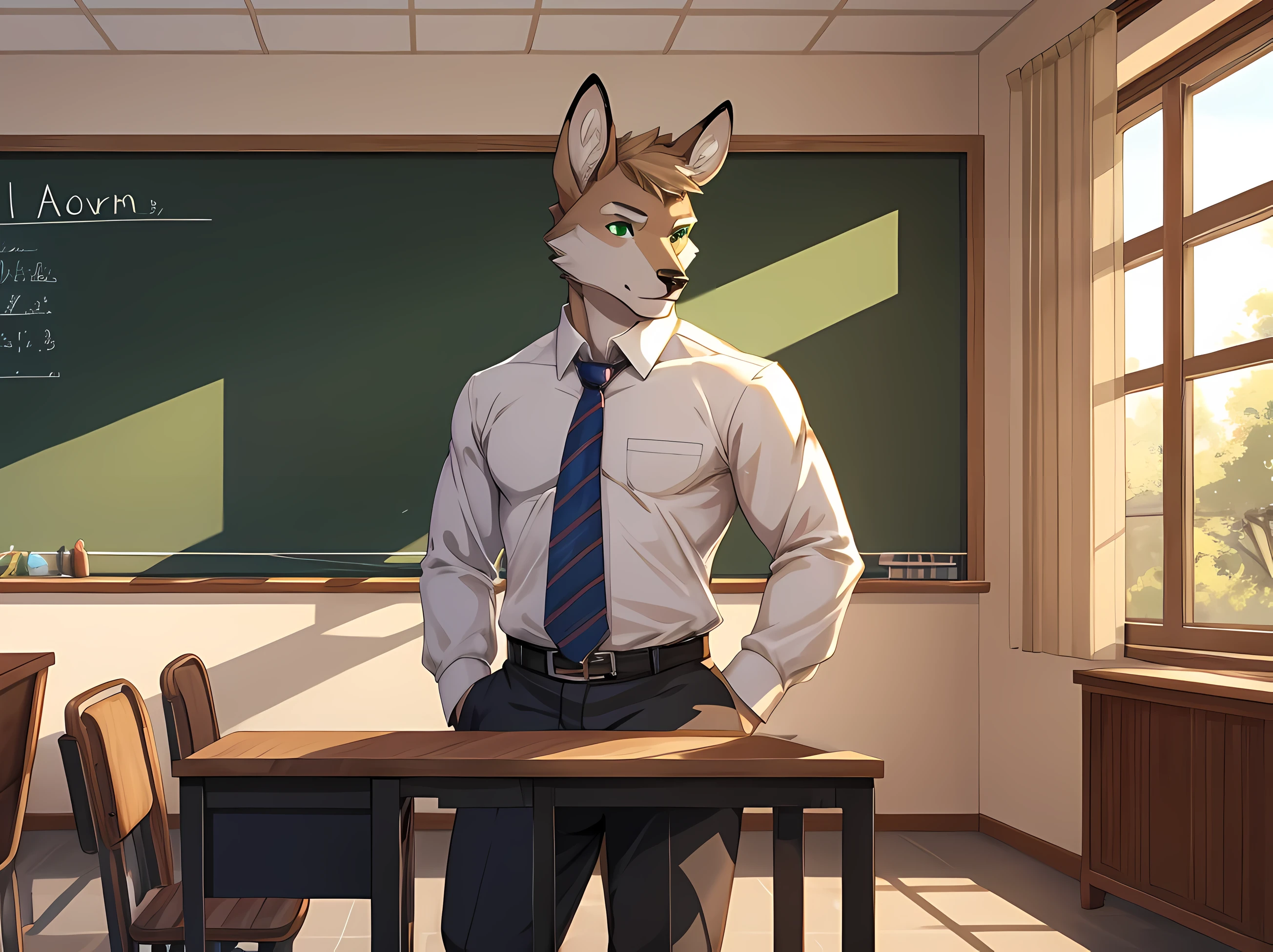 furry,alone,arctic deer,man,Emerald green eyes(Realistic eye detail),perfect anatomy,Wearing a high school teacher's uniform'Uniform 1.2,Stand in the classroom,morning,HDR,8ก