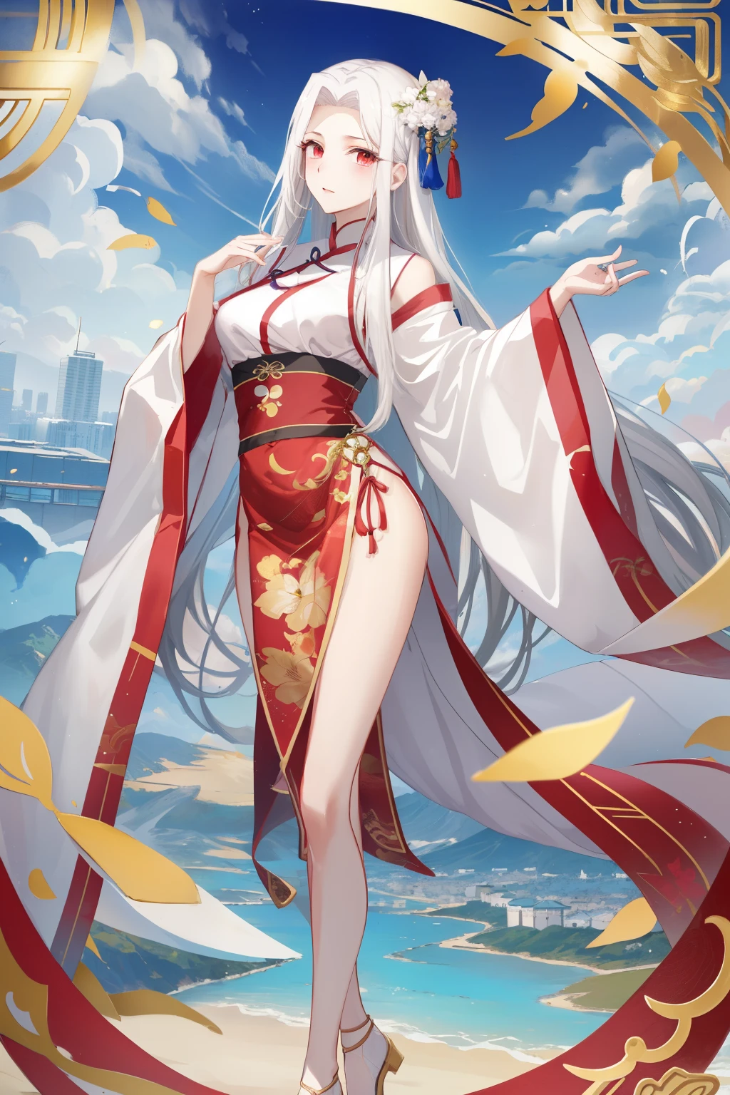 Irisviel von Einzbern Standing on the mountain looking at the city view, White hair ，Slender legs，the soft light：1.3，pretty feet，wearing Hanfu, gorgeous chinese models, full bodyesbian，Sexy elegant pose, a stunning young ethereal figure, photo of slim girl model, xintong chen, photo of slim girl
