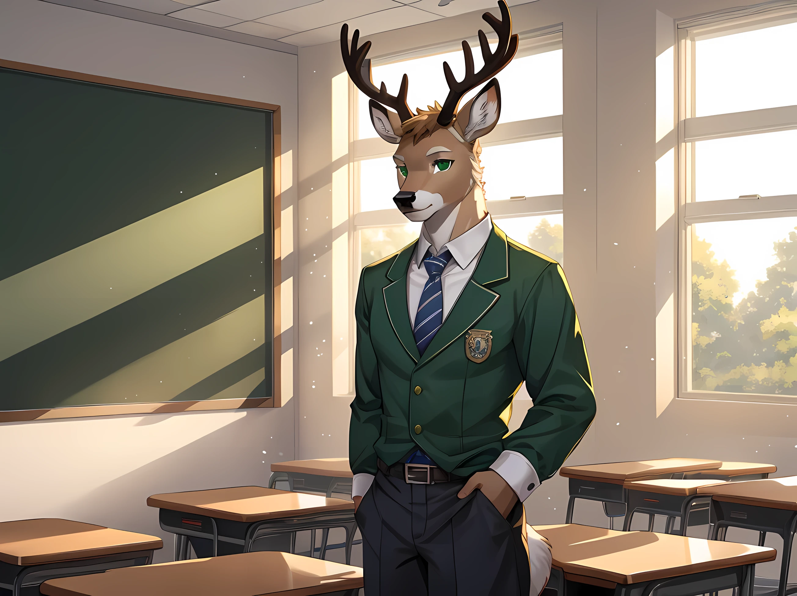 furry,alone,arctic deer,man,Emerald green eyes(Realistic eye detail)beautiful deer antlers,perfect anatomy,Wearing a high school teacher&#39;s uniform&#39;Uniform 1.2,Stand in the classroom,morning,HDR,8ก