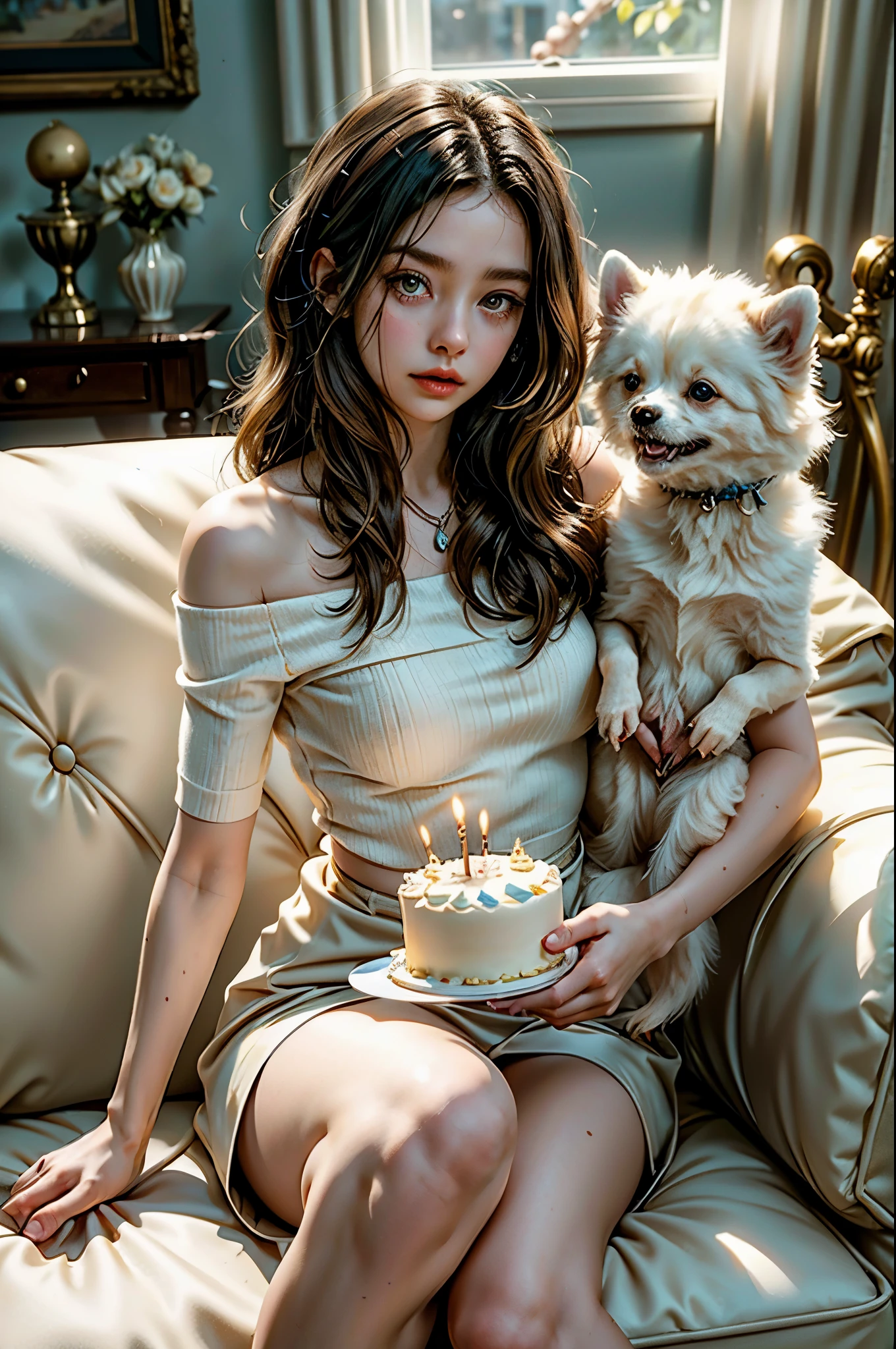 The woman is sitting on the couch with a small white Pomeranian crawling on her lap, in front of a birthday cake, making a wish on the birthday cake, celebrating her birthday, she is around 1 6 years old, white skin, facial features delicate