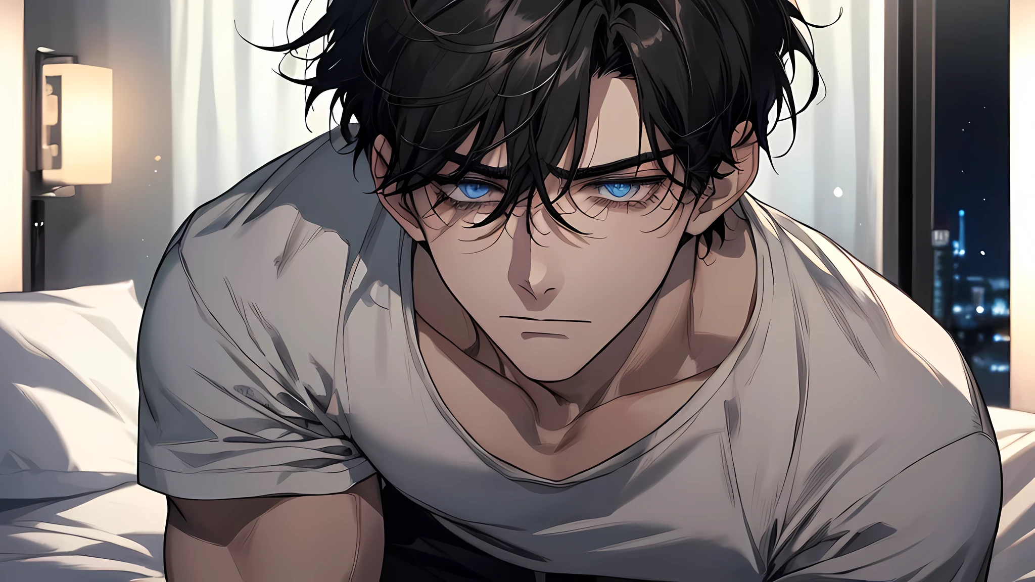 A Sad boy Crying in dark room, male, Night, bed, there is 21 years old handsome guy,White T-shirt,black long pants,A gentle face,A dark-haired、sad face, frown, Eyes drawn in detail、a handsome、Cinematic power、detailed eyes, detailed face, detailed nose