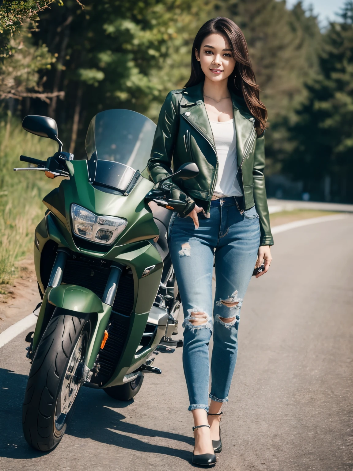 ((highest quality, 8K, masterpiece: 1.3)), sharp: 1.2, perfect body beauty: 1.4,(((Woman on motorcycle))),slender body,((Dark green long sleeve motorcycle jacket and jeans)),Highly detailed face and skin texture,((full body shot)),Natural light,smile