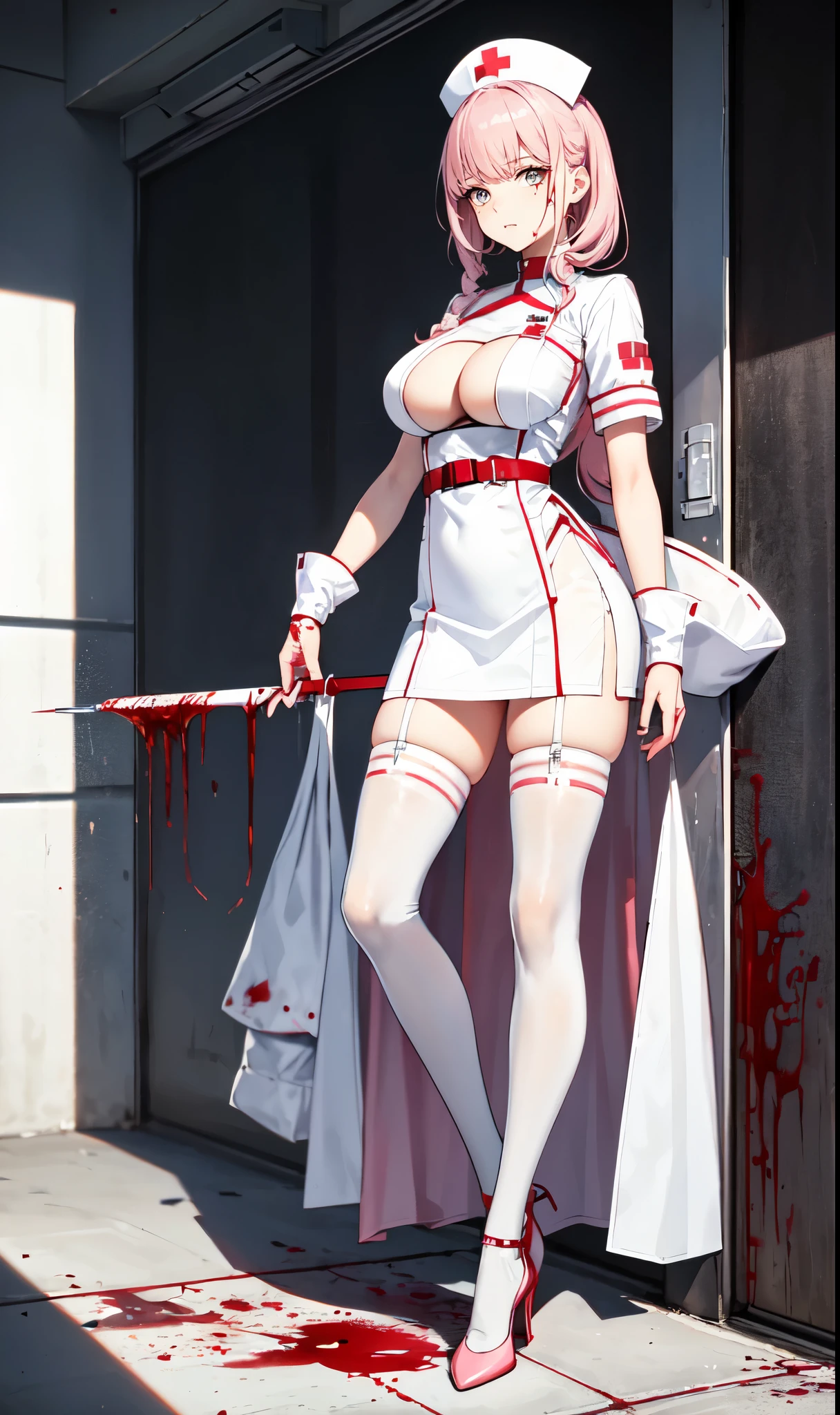 White hospital ward background,Hanging bottle,blood transfusion,light pink hair,Standing close-up,dream world,Sister nurse,(Handheld needle tube),Messy hair,Elongated danphoenix eyes,(white nurse,Handheld needle tube,The scars and blood stains on the body：2.0),(big breast),Blood bag decoration on chest with metal cross background,(Pure white ward：1.9),Gentle and sickly nurse sister,white stockings,High heel,Detailedly drawn backgrounds