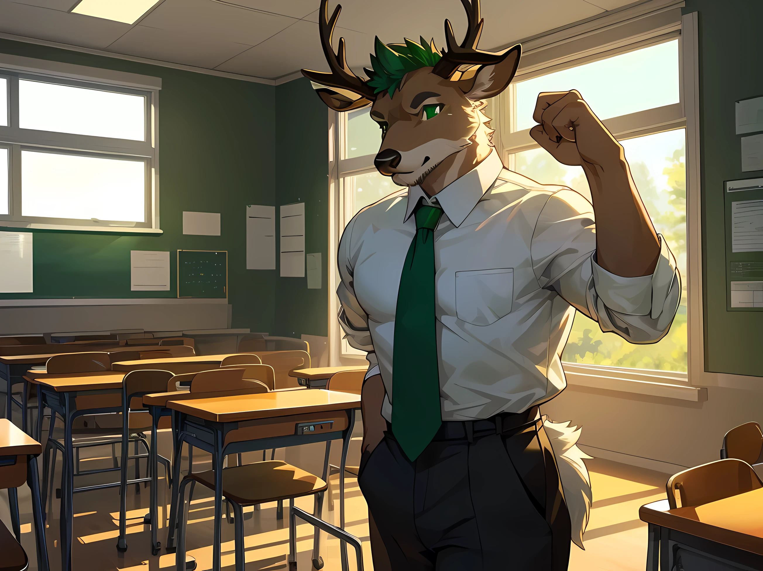 furry,alone,arctic deer,man,Emerald green eyes(Realistic eye detail)beautiful deer antlers,Serious face,handsome,perfect anatomy,Wearing a high school teacher&#39;s uniform&#39;Uniform 1.2,black shorts,Stand in the classroom,morning,beautiful light,Realistic incident light,HDR,8ก