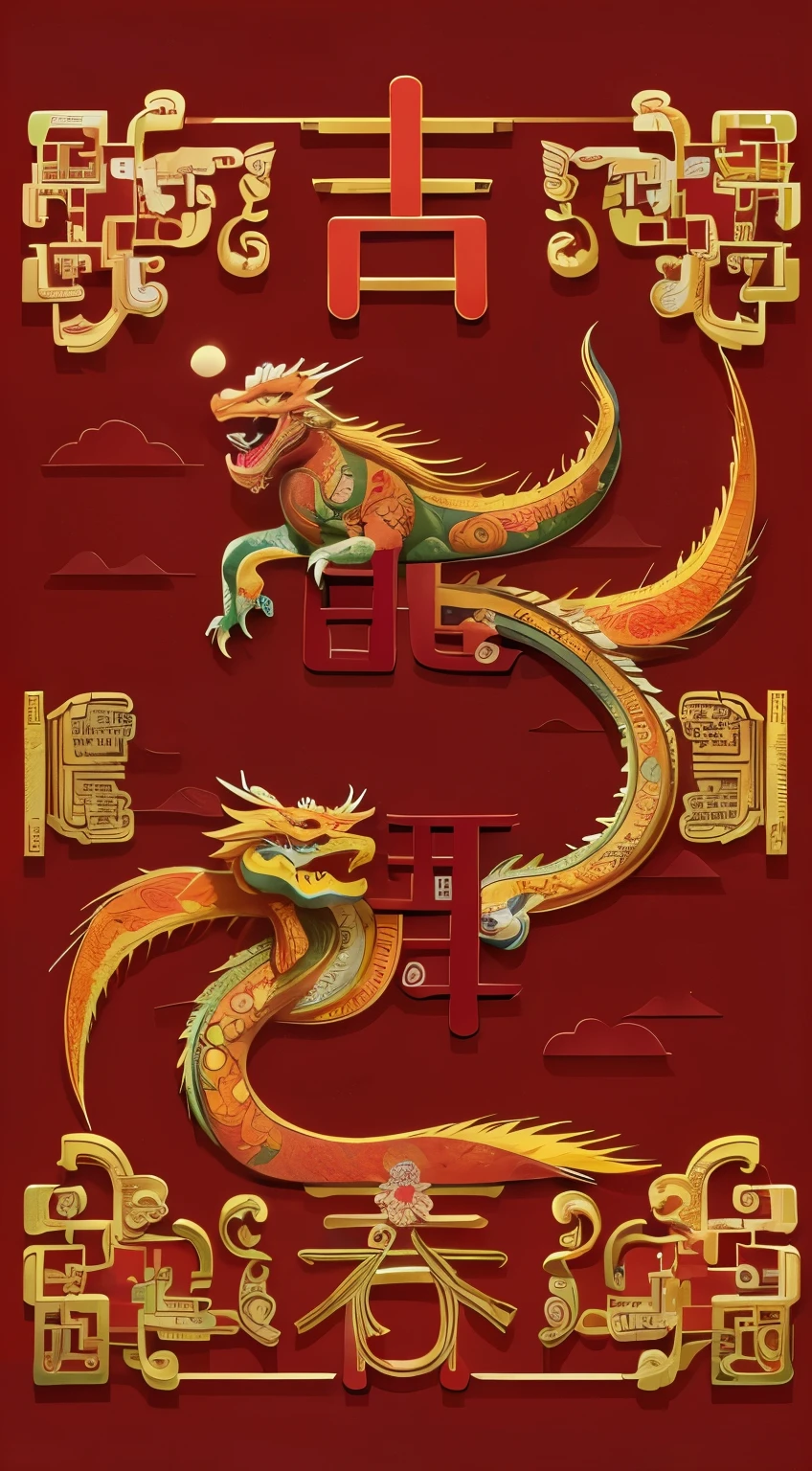 A paper cut craft of a colorful Chinese dragon with a happy expression. a red background with "Happy New Year" text.The dragon is in the style of majestic Chinese dragons, with intricate floral arrangements. The background has puzzle-like elements of golden peony flowers, soft renderings, cartoonish elements