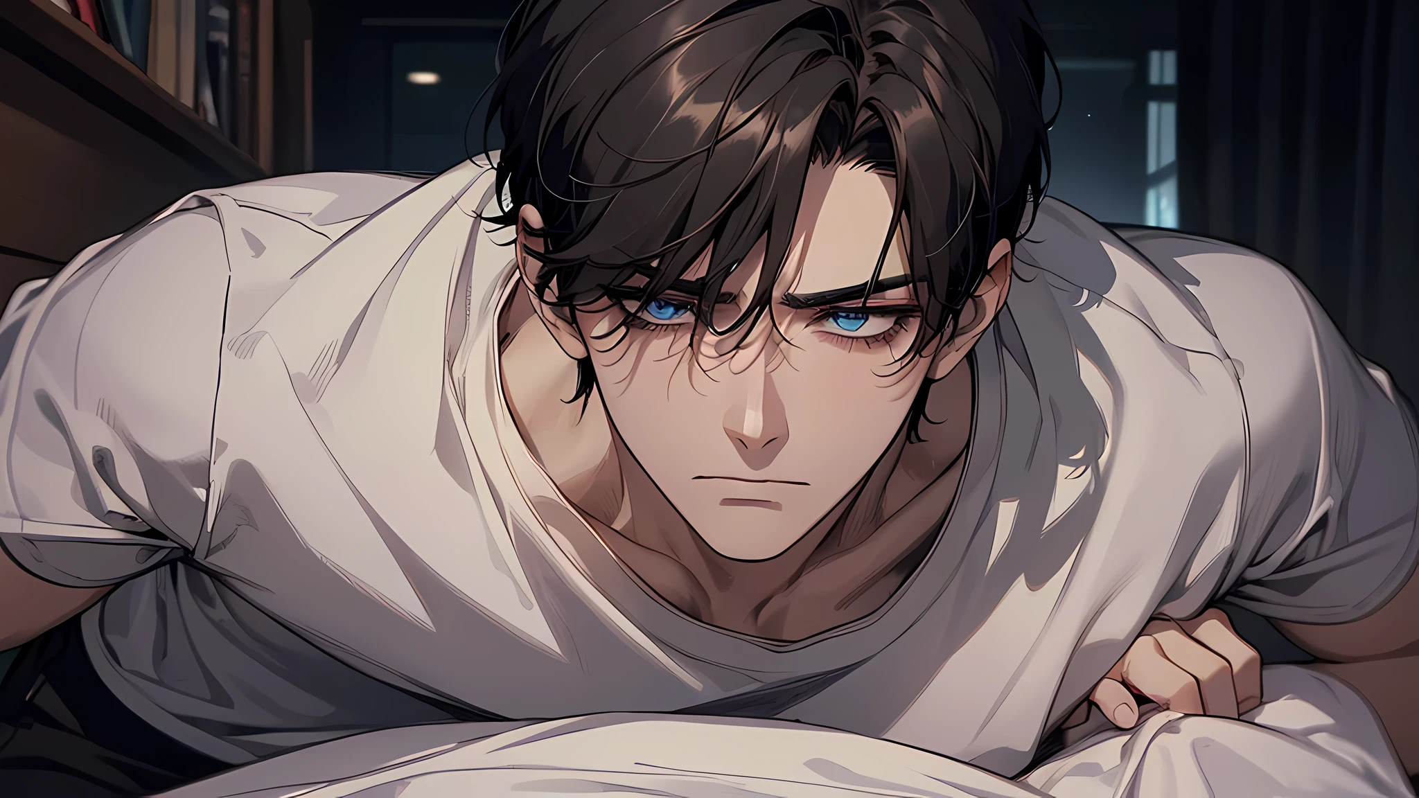 , score_9,score_8_up,score_7_up, source_cartoon, source_anime, a tall slender white male, adult male, tired expression, square face, handsome, jaw line, brown eyes, square nose, eyes half open, bags under his eyes, short dark brown hair slicked back, wearing white baggy button up shirt, shirt unbuttoned, toned body, slender, lying on a bed, wearing black boxers, hand on his head, tired, loose tie around his neck, indoors, in a messy apartment