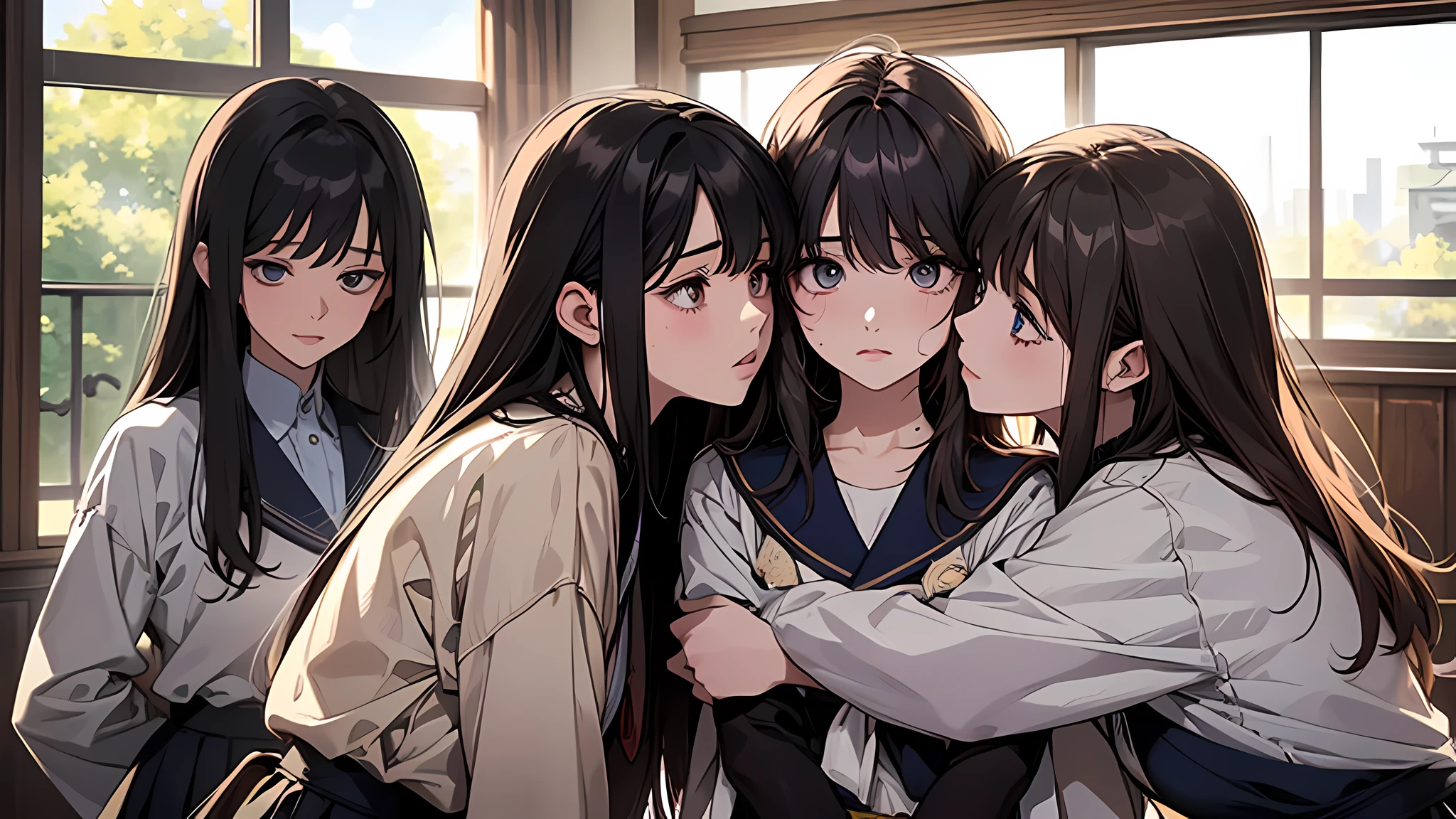 hight resolution,ultra-detailliert,Official art,Beauty and aesthetics,masterpiece,best qualtiy,ighly detailed,Variegated,Most details、Shining eyes、Detailed eyes、face perfect、full of sweat、A dark-haired、校服、sano、Classroom、drapes、the kiss、blue-sky、Background with、Girls hugging each other