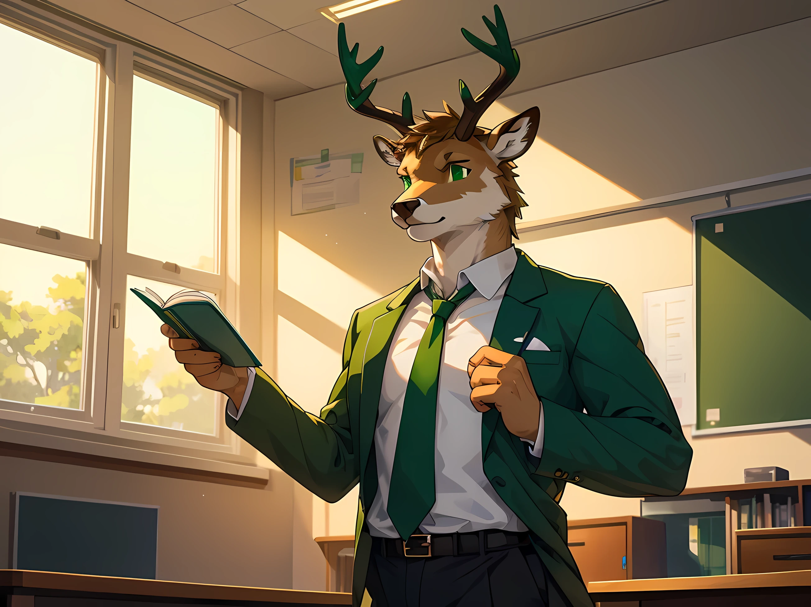 furry,alone,arctic deer,man,Emerald green eyes(Realistic eye detail)beautiful deer antlers,Serious face,handsome,charming,perfect anatomy,Wearing a high school teacher's uniform'Uniform 1.2,black shorts,Stand in the classroom,morning,beautiful light,Realistic incident light,HDR,8ก