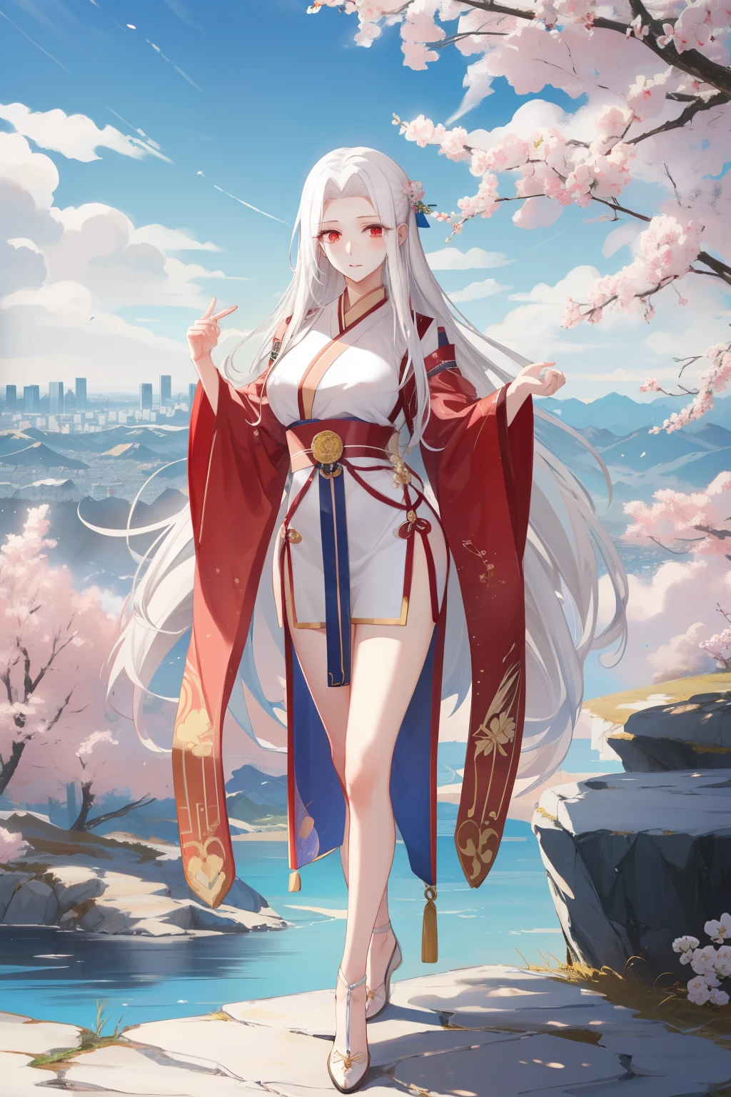 Irisviel von Einzbern Standing on the mountain looking at the city view, White hair ，Slender legs，the soft light：1.0，pretty feet，wearing Hanfu, gorgeous chinese models, full bodyesbian，Sexy elegant pose, a stunning young ethereal figure, photo of slim girl model, xintong chen, photo of slim girl
