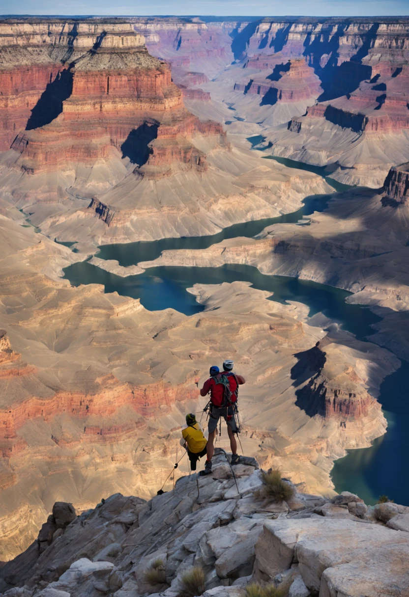 Climbers, high vertical rock walls, harnesses, roped bodies, the vast Grand Canyon in the distance, the best picture quality,