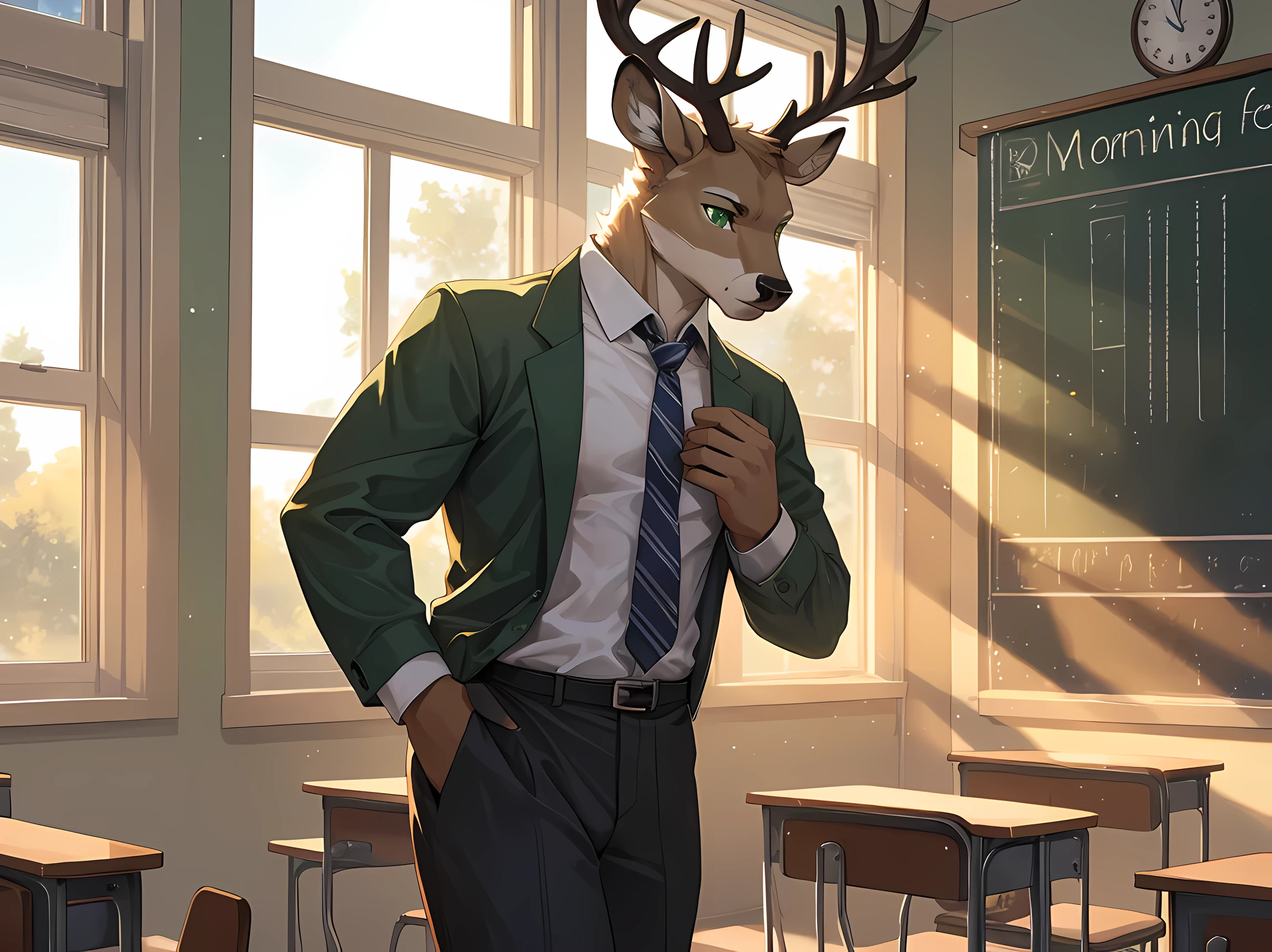 furry,alone,arctic deer,man,Emerald green eyes(Realistic eye detail)beautiful deer antlers,Serious face,handsome,charming,perfect anatomy,Wearing a high school teacher&#39;s uniform&#39;Uniform 1.2,black shorts,Stand in the classroom,morning,beautiful light,Realistic incident light,HDR,8ก