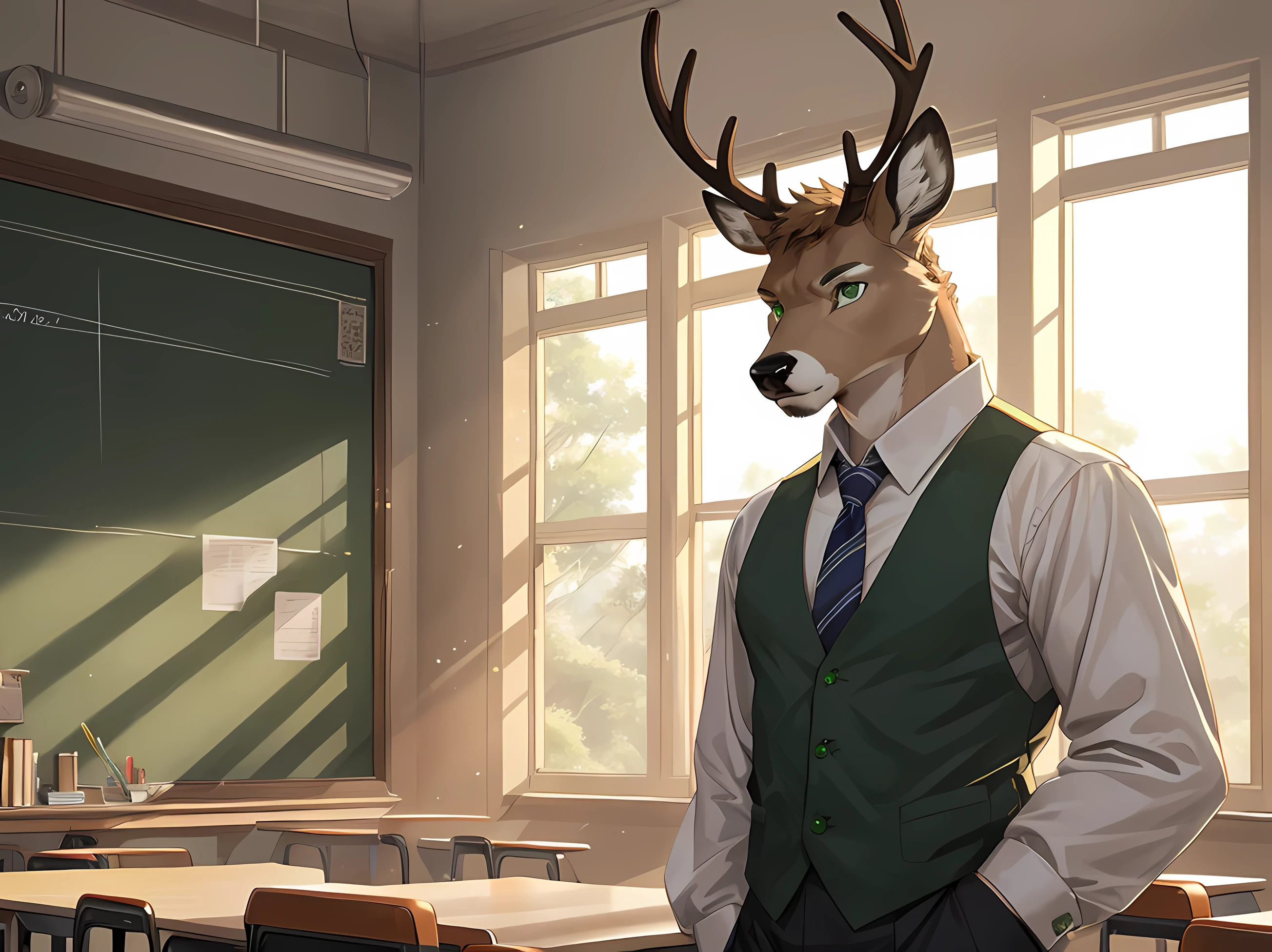 furry,alone,arctic deer,man,Emerald green eyes(Realistic eye detail)beautiful deer antlers,Serious face,handsome,charming,perfect anatomy,Wearing a high school teacher&#39;s uniform&#39;Uniform 1.2,black shorts,Stand in the classroom,morning,beautiful light,Realistic incident light,HDR,8ก