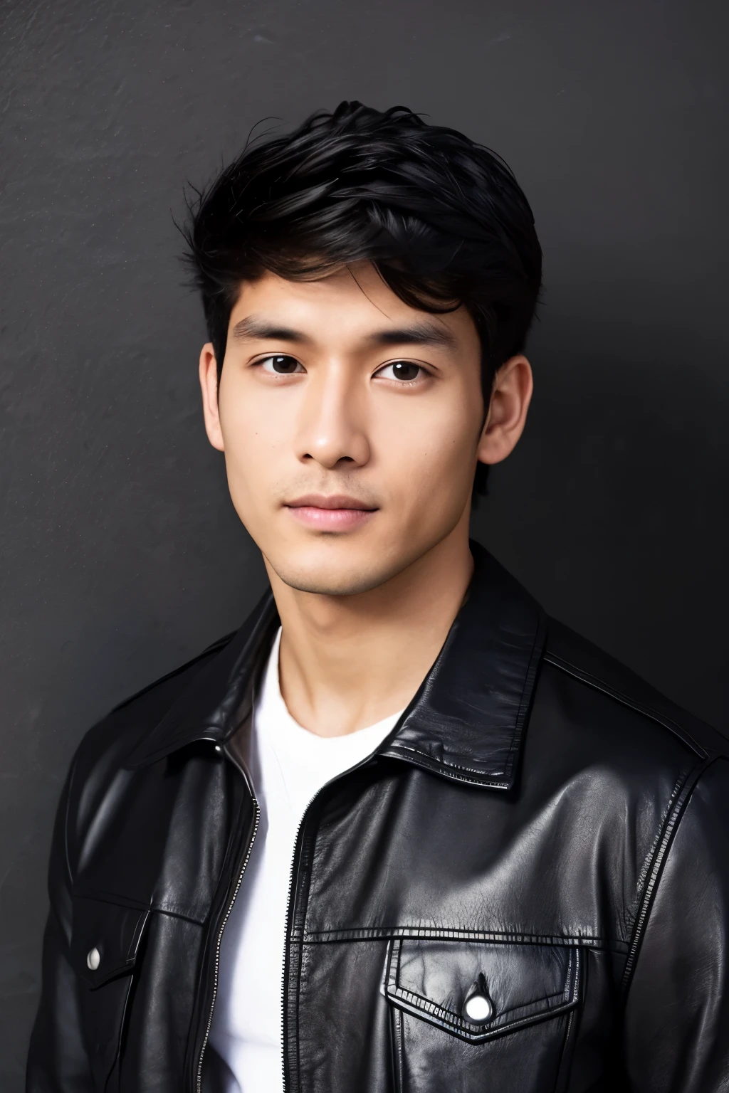 Seen from the front、Handsome 30-year-old man wearing a black leather jacket、Indonesian skin, Black background
