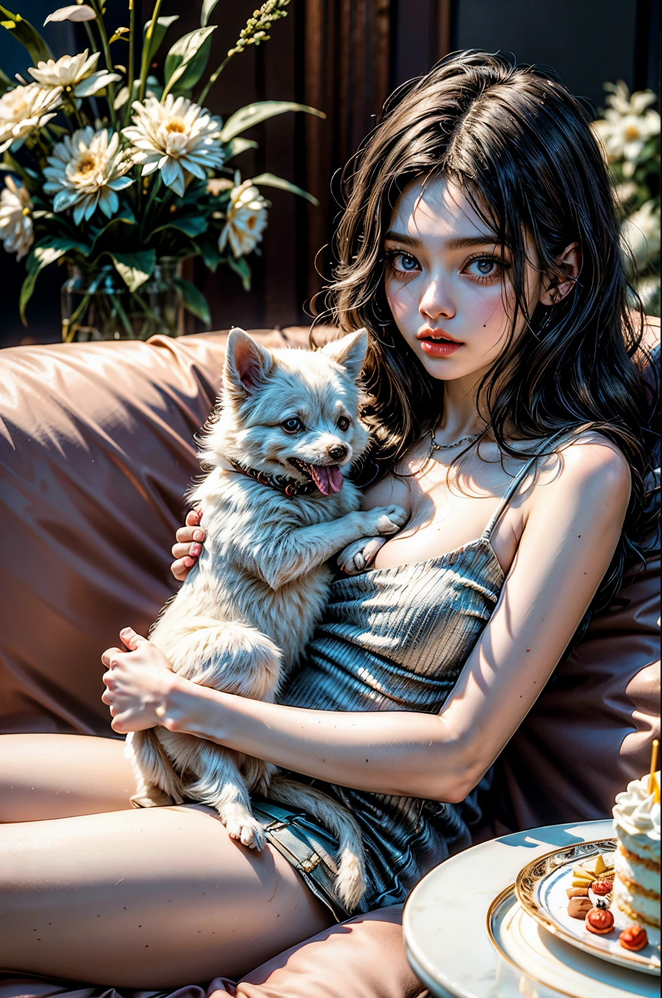 The woman is sitting on the couch with a small white Pomeranian crawling on her lap, in front of a birthday cake, making a wish on the birthday cake, celebrating her birthday, she is around 1 , white skin, facial features delicate