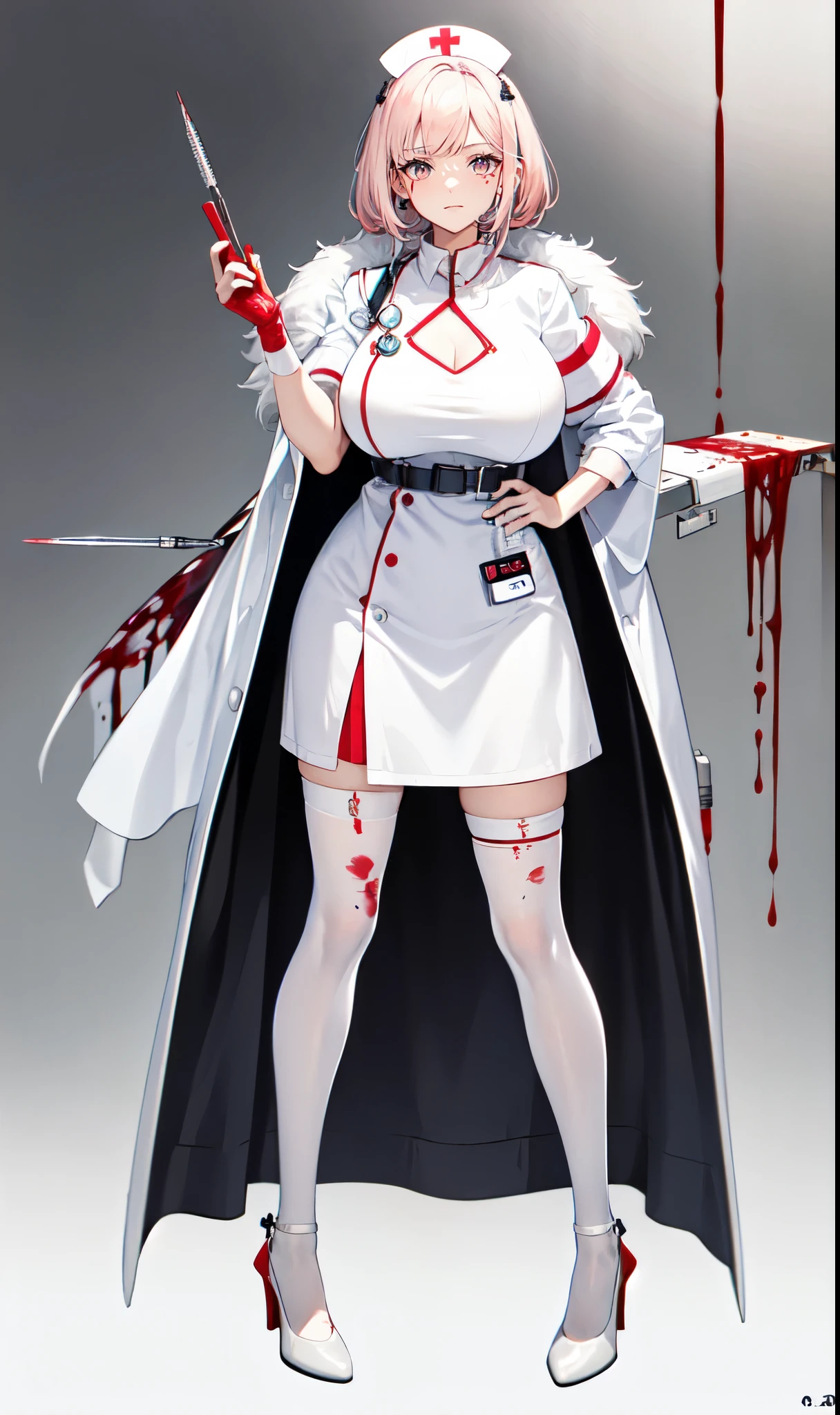 White hospital ward background,Hanging bottle,blood transfusion,light pink hair,Standing close-up,dream world,Sister nurse,(Handheld needle tube),Messy hair,Elongated danphoenix eyes,(white nurse,Handheld needle tube,The scars and blood stains on the body:2.0),(big breast)Background of blood bag decoration,(Pure white ward:1.9),Gentle and sickly nurse sister,white stockings,High heel,Detailedly drawn backgrounds