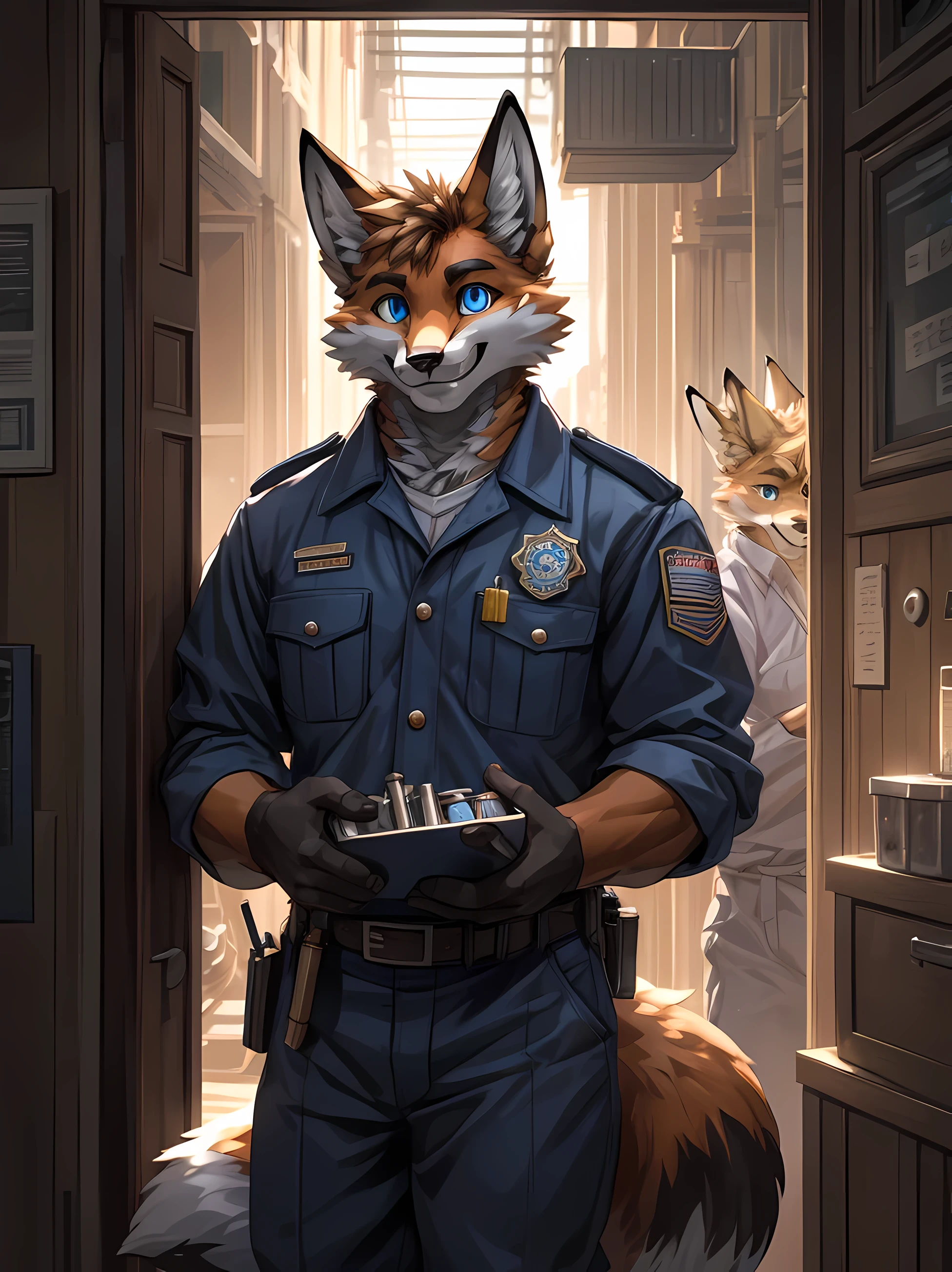 furry,fox,man,neon blue eyes(Realistic eye detail)handsome face.,voluptuous,smile at the corner of your mouth.,strong,Enter the plumber.&#39;uniform s(Realistic costumes),perfect anatomy,Realistic anatomy,Left hand holds tool box 1.2(Realistic hand detail, Not deformed.),standing in front of the door(realistic background),Look at the audience..,HDR,8ก,Maximum overall detail