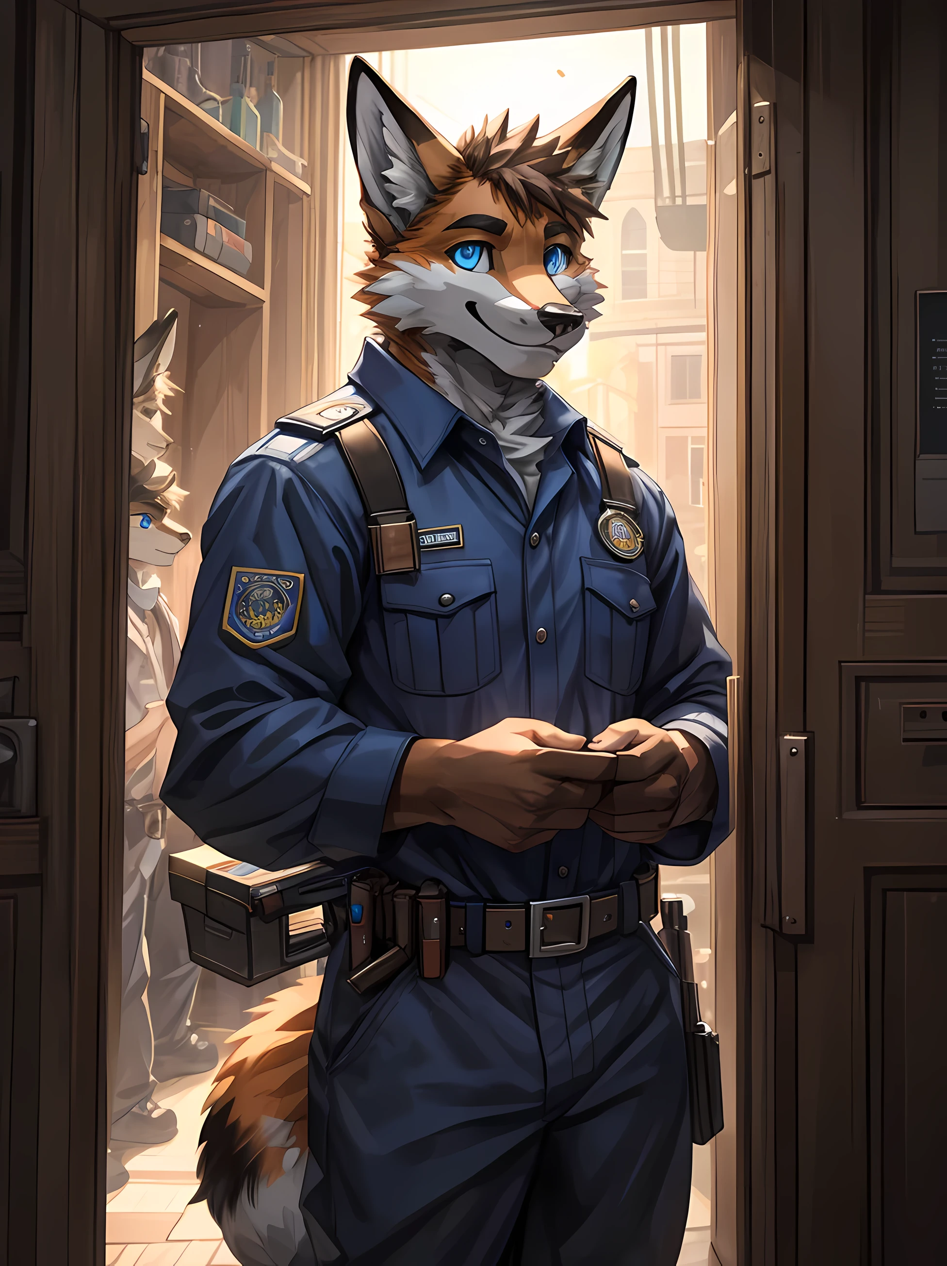 furry,fox,man,neon blue eyes(Realistic eye detail)handsome face.,voluptuous,smile at the corner of your mouth.,strong,Enter the plumber.&#39;uniform s(Realistic costumes),perfect anatomy,Realistic anatomy,Left hand holds tool box 1.2(Realistic hand detail, Not deformed.),standing in front of the door(realistic background),Look at the audience..,HDR,8ก,Maximum overall detail