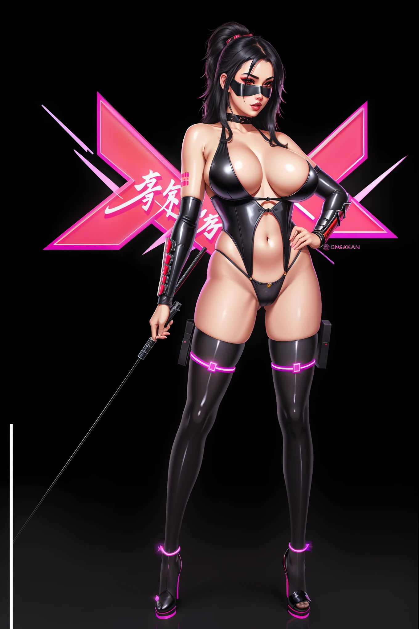 there is a Japanese Masked Ninja woman standing, 3 d neon art of a woman's body, neon-noir background, cyberpunk femme fatale, seductive cyberpunk dark fantasy, cyberpunk strip clubs, cyberpunk 20 y. o model girl, oppai cyberpunk, banner, high definition cgsociety, cgsociety masterpiece, trending on cgstation, kda, random hair, looking at camera, gigantic breasts, cleavage, (high detailed skin:1.2), 8k uhd, dslr, super lighting, high quality, film grain, high res, highly detailed, hyper realistic, beautiful face, beautiful body, beautiful eyes nose lips, alluring expression, very bold, upper  visible, full body photo, standing legs apart, pale translucent glowing skin, most beautiful face, cute, (well defined pubic hair:1.2)), (dark plain black background:1.4))