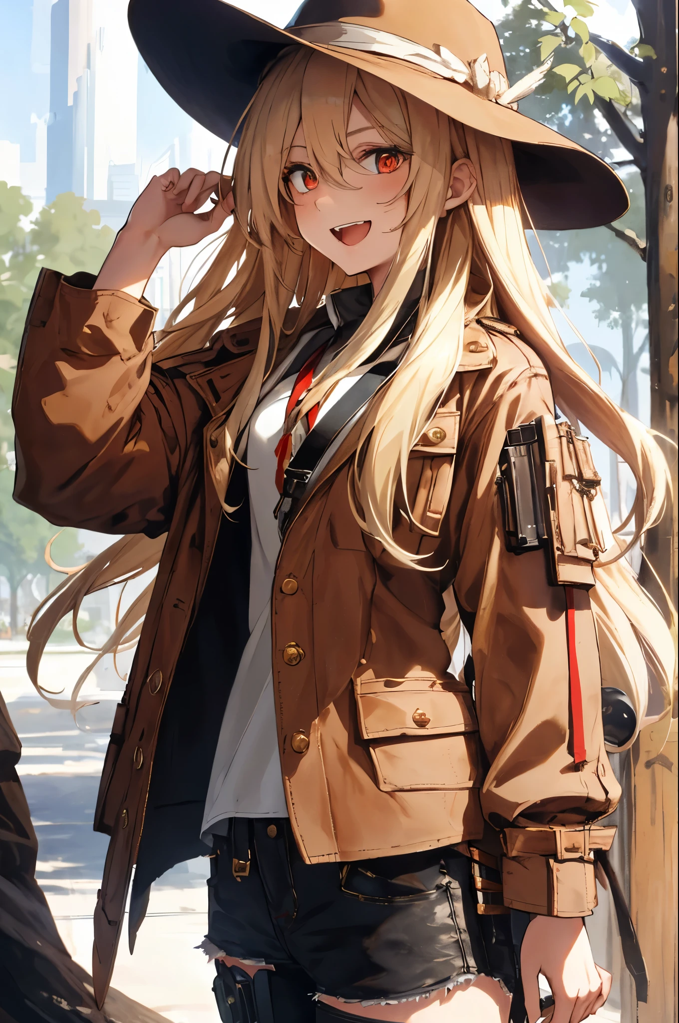 {{{{masterpiece}}}}/{{{{highest quality}}}}/girl/blonde/long hair/traveller/The right arm is made of iron and has a mechanical prosthetic arm./red eyes/He is wearing a brown safari jacket./ocher fedora hat/Fantastic earth in the background/laughing/Trance/Complex/warm proof