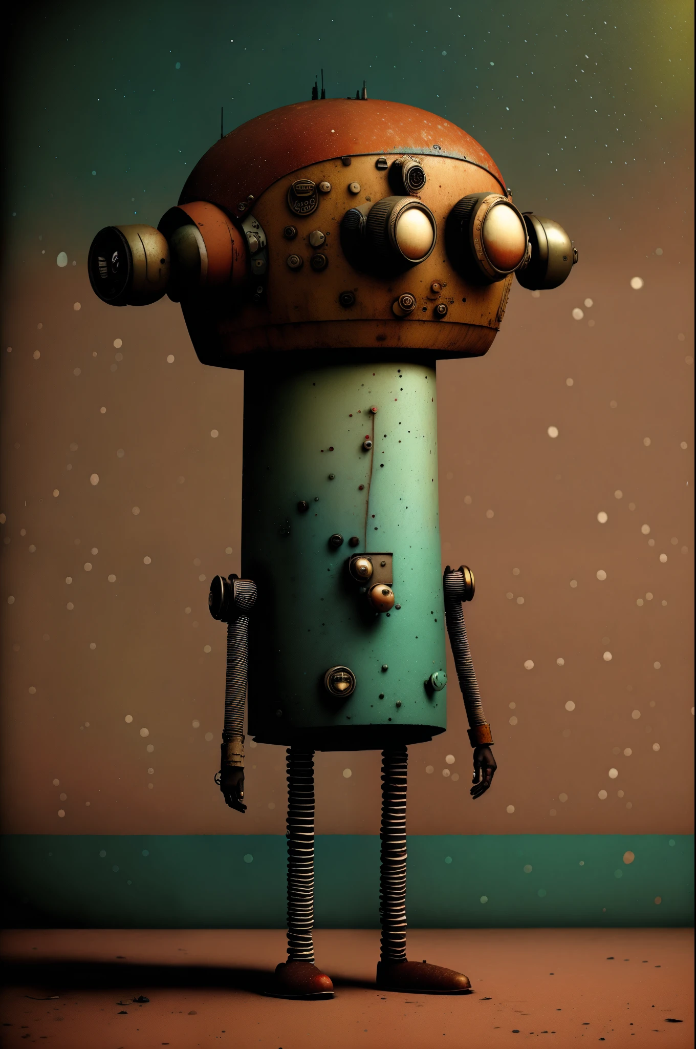 retro bipedal robot, earth color, punk, Happy, Optimistic, don hertzfeldt, Hieronymus Bosch, Gabriel Pacheco