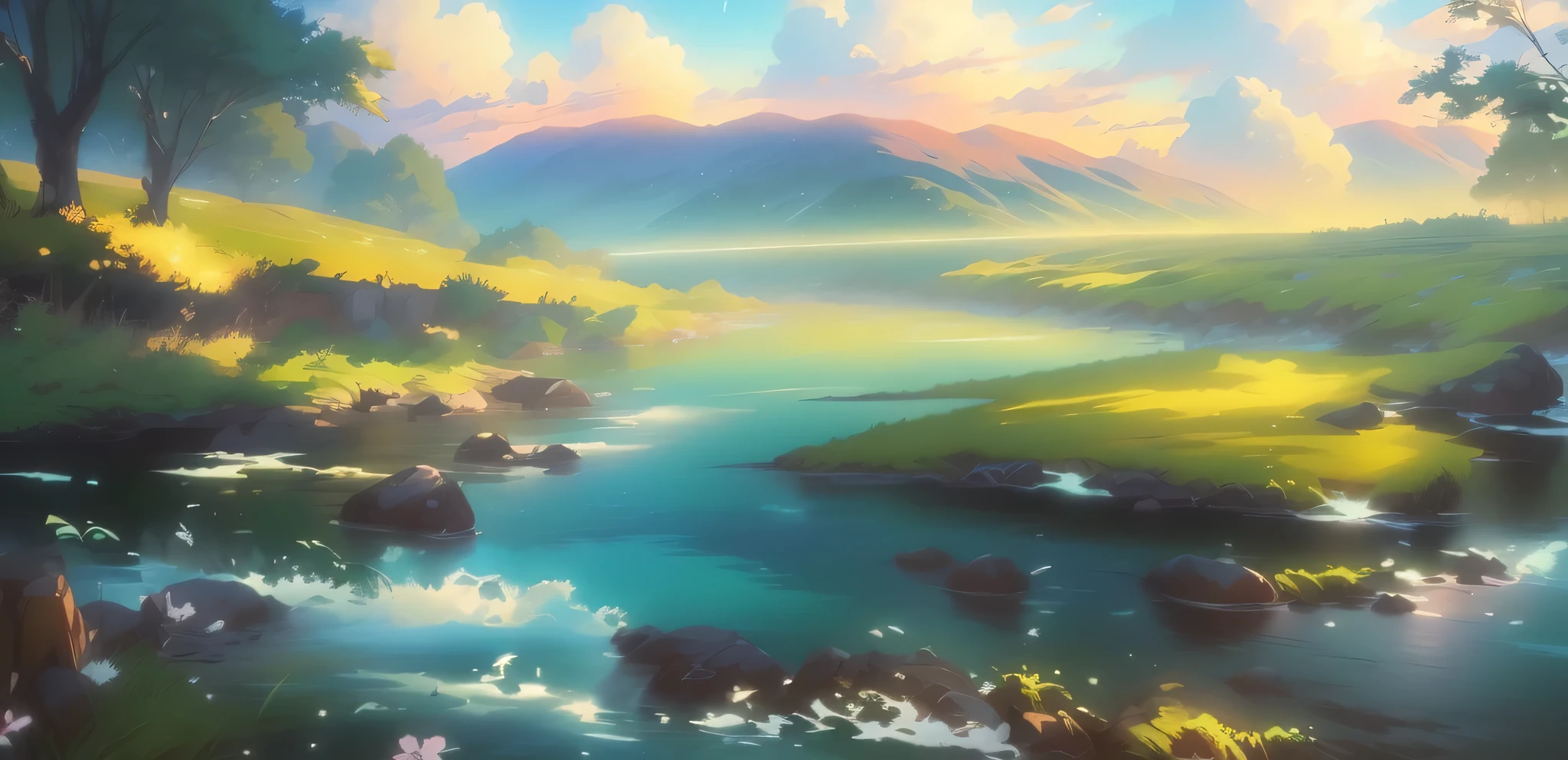 anime scenery of a river with rocks and grass and trees, anime background, anime background art, nature of anime, anime countryside landscape, anime scenery, beautiful anime scenery, nature of anime wallpap, beautiful anime scene, anime scenery wallpaper, Beautiful peace scenes in anime, anime scenery, makoto shinkai. — 2160 hours, studio glibly makoto shinkai