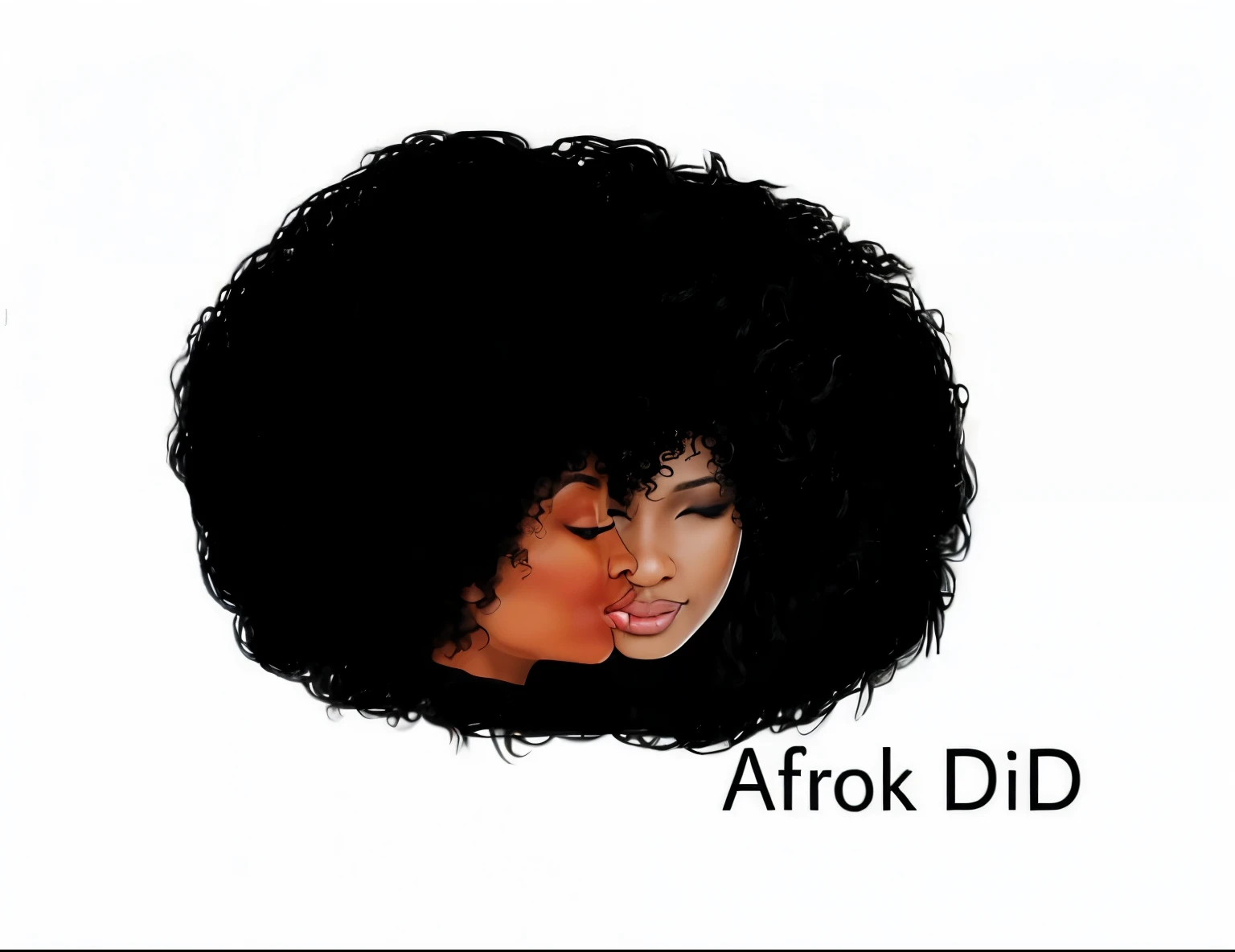 2 African females with real afro hair. 1 female is facing forward, and the other female is turned to the side. both females are smiling with eyes and mouth completely shut. make the afro look more realistic