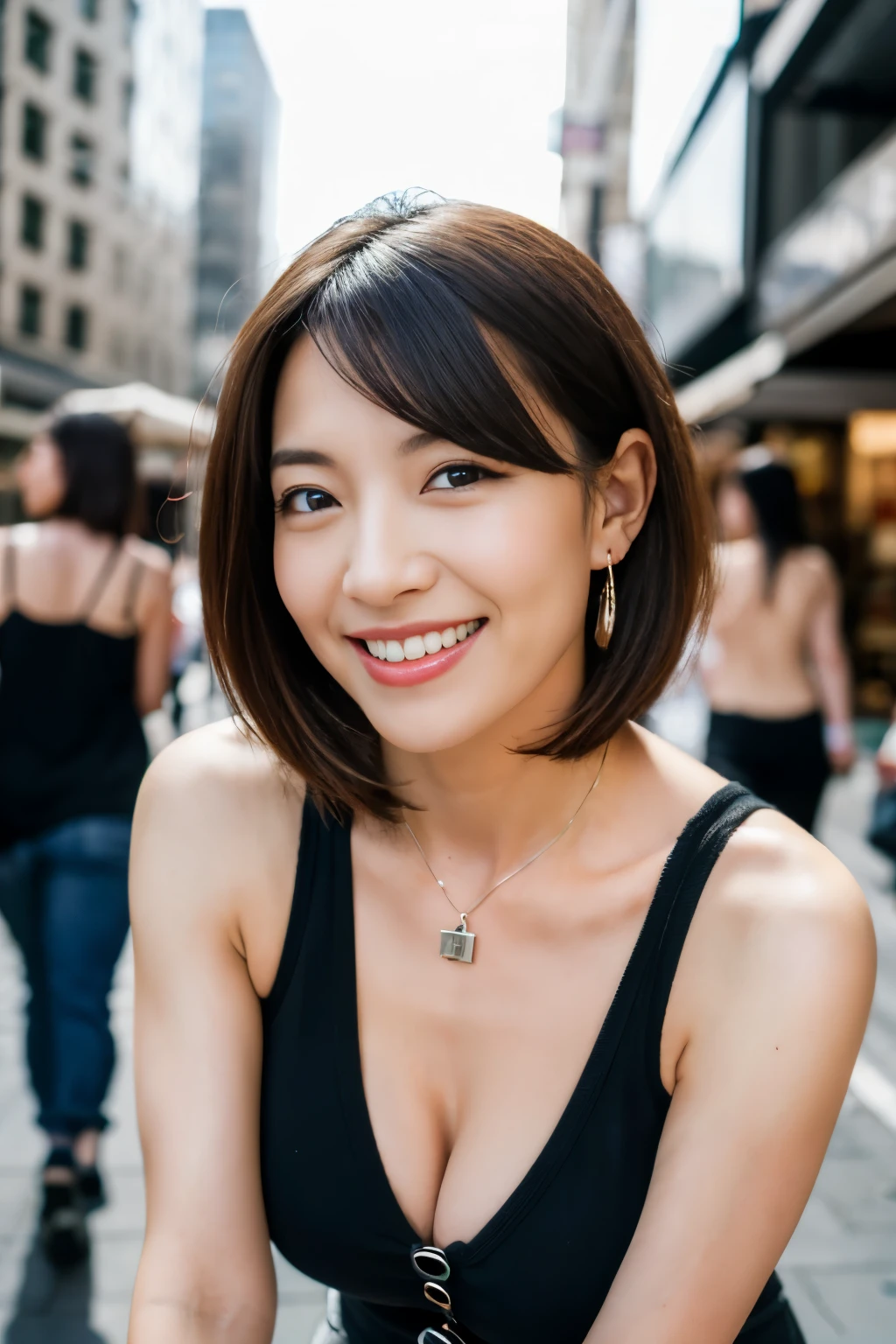 ((nsfw, Best quality, 8k, Masterpiece :1.3)), big nipples, armpit, Japanese hot milf worker with horny body, pubic hair, Ultra-detailed face, Detailed eyes, Double eyelid, smiling, a coquettish look, bob hairstyle, wearing a black cami sole, and pants, necklace and earrings, in a big city, outdoor,