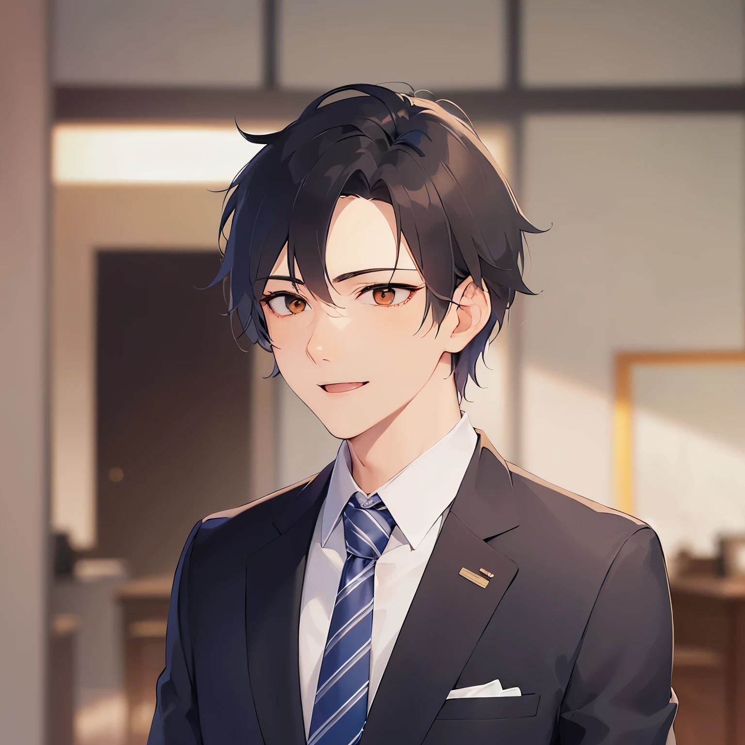 A 25-year-old young man with short black hair and orange eyes, wearing a gray suit and blue tie, is holding a smartphone in his office, looking away from the camera, and smiling.