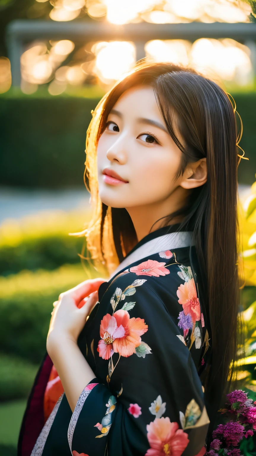 Beautiful Japanese supermodel woman, A lock of hair with slight highlights, black eyes, mixed media, Sexy,garden background,Gorgeous kimono , Liquid color flows across her face, sunset,Photographed by Wang Luodan
