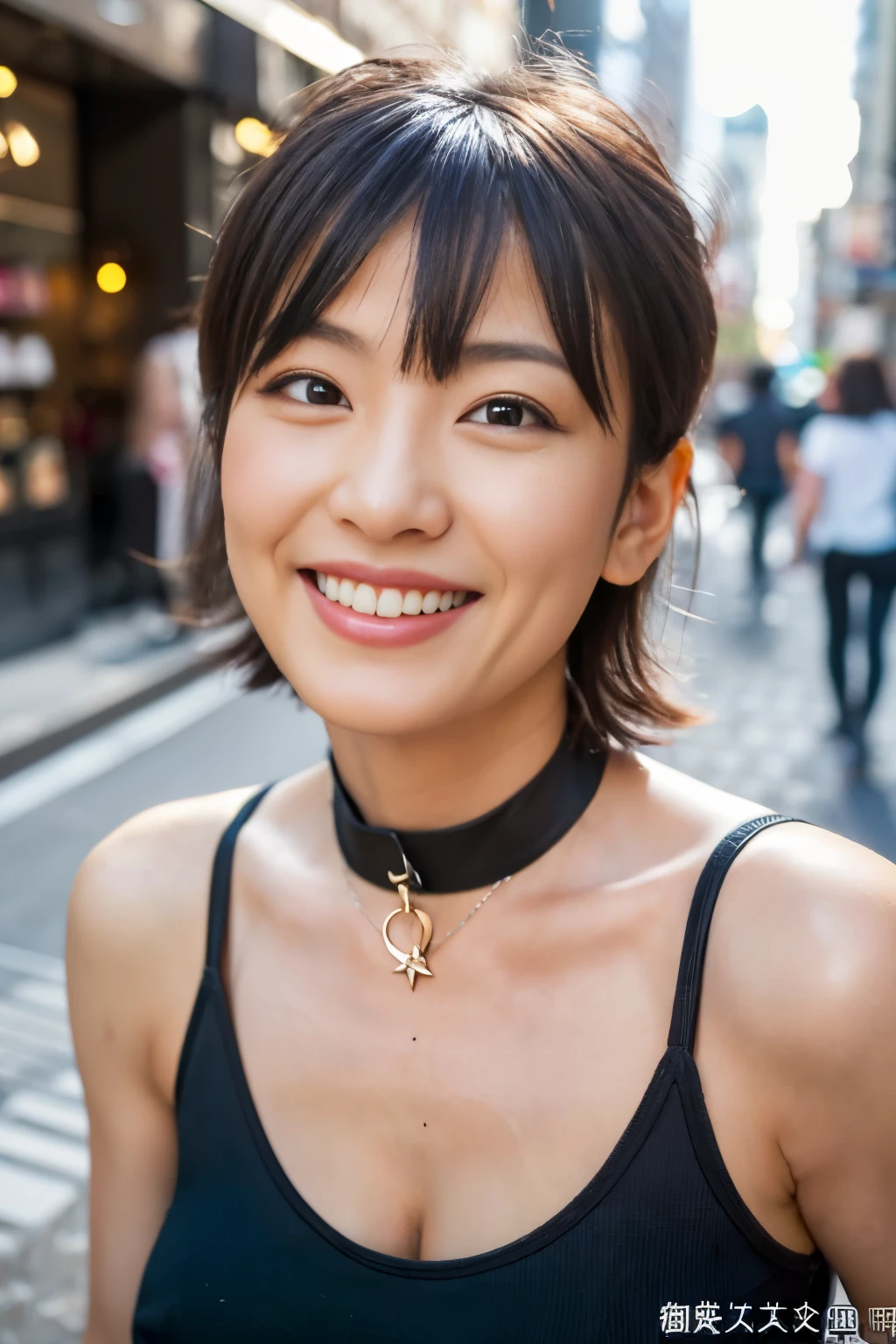 ((nsfw, Best quality, 8k, Masterpiece :1.3)), big nipples, armpit, Japanese hot milf worker with horny body, pubic hair, Ultra-detailed face, Detailed eyes, Double eyelid, smiling, a coquettish look, bob hairstyle, wearing a black cami sole, and pants, necklace and earrings, in a big city, outdoor,