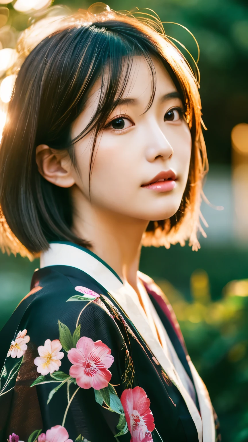 Beautiful Japanese supermodel woman, A lock of hair with slight highlights, black eyes, mixed media, Sexy，garden background，Gorgeous kimono , Liquid color flows across her face, sunset，Photographed by Wang Luodan