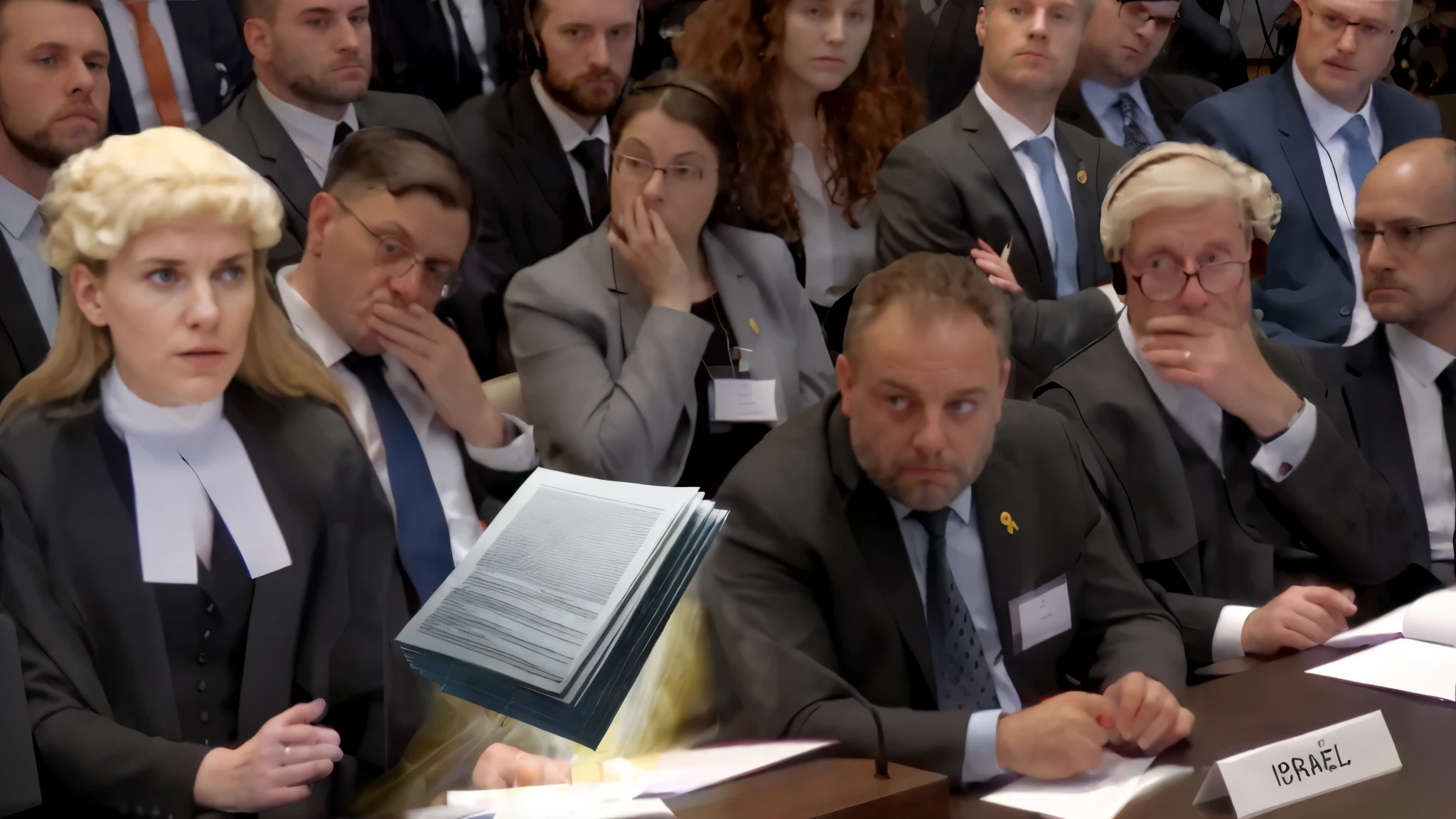 several people sitting at a table with papers and papers, audience in the background, they are very serious, court session images, corrupted file, absurdres, subtitles, ominous figure in the background, photo from a spectator, meme template, cover shot, in the background, very accurate photo, many copies of them, he can ’ t believe his eyes, concerned expression