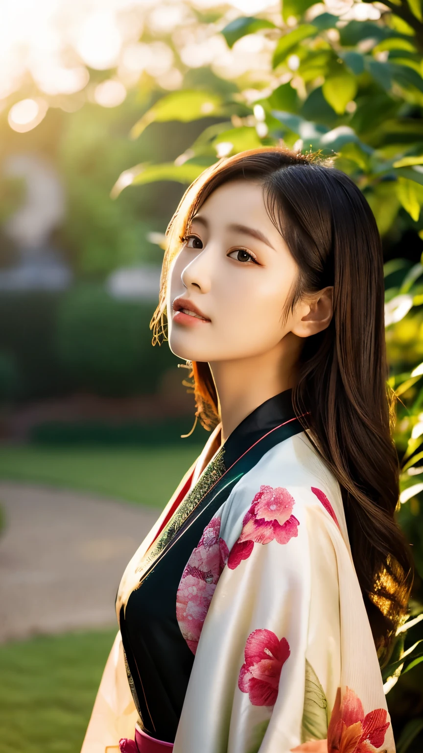 Beautiful Japanese supermodel woman, A lock of hair with slight highlights, black eyes, mixed media, Sexy,garden background,Gorgeous kimono , Liquid color flows across her face, sunset,Photographed by Wang Luodan