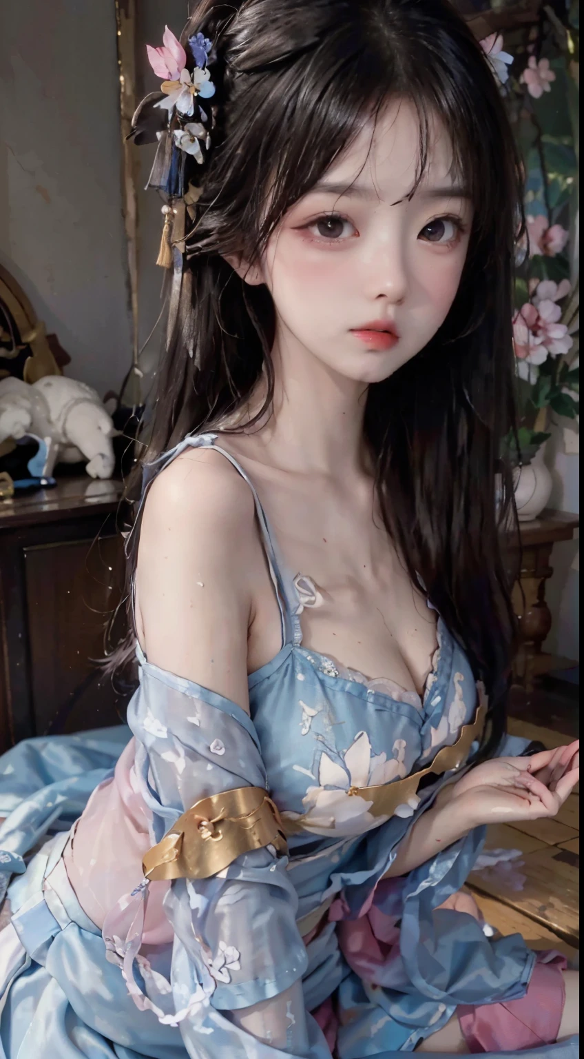 small loli ，,princess 8 yeald old cute, Master picture quality, Highest quality, Best picture quality, Exaggerated details, The expression is shy,a close up of a , Super beautiful,Long hair, Very exaggerated and compact, Round breasts , Pose in front of the camera, ,, Wet-breasted Hanfu open V-chested clothes, All pictures, Wet body of thin silk fabric, Thin silk lace petticoat,princess 8 yeald old cute, (huge boobs，cleavage),petticoat, white pink, blue ，best qualtiy，tmasterpiece，超高分辨率，（真实感：1.4），RAW photogr，（True skin texture：1.3），（filmgrain：1.3），（Selfie angle），1个Giant Breast Girl，Beautiful eye and face details，tmasterpiece，Best quality at best，exposing thighs，Bigchest，The chest is more exposed，short detailed hair，above looking down facing at camera