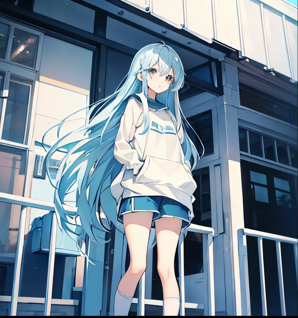 Light blue hair girl,Regular long hair,white stockings,stand,Sweatshirt,naive,shorts,cute