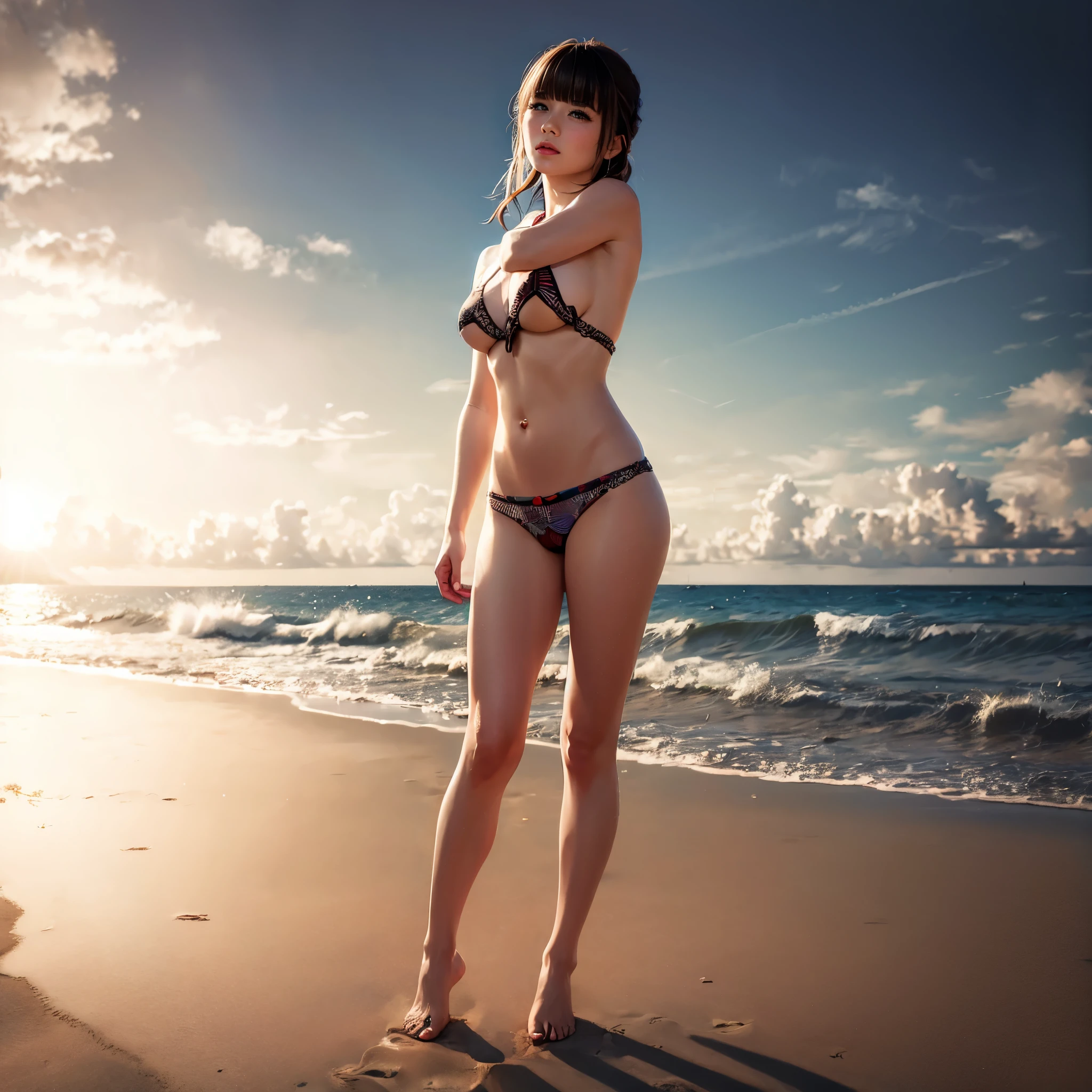 a KAWAII girl with a Halo wearing a tiny string bikini, jumping on a sandy beach, under the warm sunset light. Her eyes look captivating and mysterious, with long eyelashes and a hint of playful charm. The bikini is pure white, with elaborate lace pattern and intricate details that accentuate her curves. The sand beneath her feet is golden and softly illuminated, creating a serene and dreamy atmosphere. The ocean waves gently kiss the shore, adding a soothing soundtrack to the scene. The overall image quality is top-notch, with ultra-detailed features, vivid colors, and a realistic, photorealistic rendering style. The lighting is carefully set to highlight the curves of her body, creating a beautiful play of light and shadows. The scene exudes a sense of summer vacation, freedom, and adventure. (((Volumetric lighting, Acutance:0.8, sideboob))), (((NSFW:-1, nipple:-1)))
