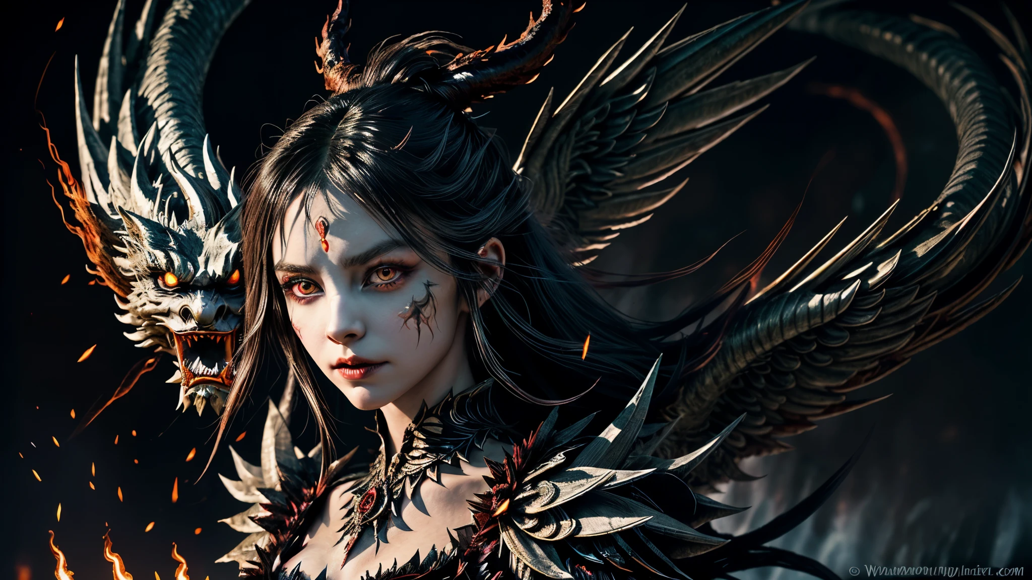 In the enchanting realm of the fantasied world, a demoniac girl emerges, her ethereal figure clad in demonic armor that shimmers under the otherworldly lights. Her white eyes gleam with an uncanny intensity, igniting an aura of mystery and intrigue. Wings, grand and demonic, spread behind her, their black feathers adorned with fiery red edges that flicker with an ominous glow. The armor is intricately detailed, each plate, finely crafted to reflect the demonic essence of the girl. Her transformation incomplete, she looks at you with a mixture of defiance and curiosity, the white eyes burning with an otherworldly