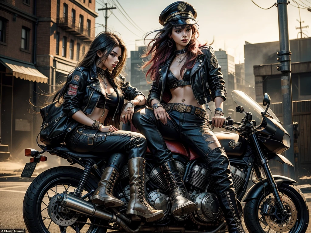 (Masterpiece, Best Quality), A breathtakingly beautiful young woman with long, radiant hair flowing in several punk-style colors is captured in this illustration. Dressed in the Mad Max style, she dons a leather pilot's hat adorned with intricate ornaments, a ripped leather jacket covering her torso bedecked with numerous metal studs and decorations. Her outfit is completed with punk-inspired pants and combat boots.

She poses dynamically and sensually, her captivating expression fixed directly on the camera, radiating an aura of confidence and defiance. The backdrop of this masterpiece is nothing short of epic, showcasing a destructive scene
