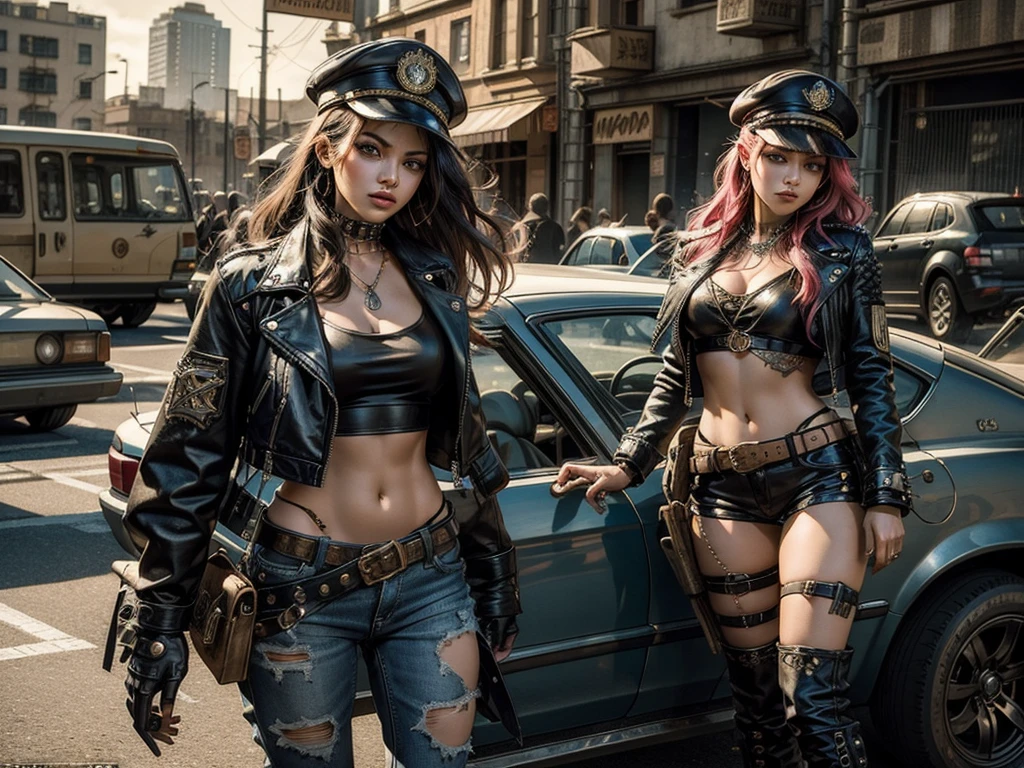Long-haired beauty,cleavage exposed,Large big tits,blackleather,Bikini Big breast+Tattered military uniforms,Military,tactics,guns,Load-bearing vest --auto